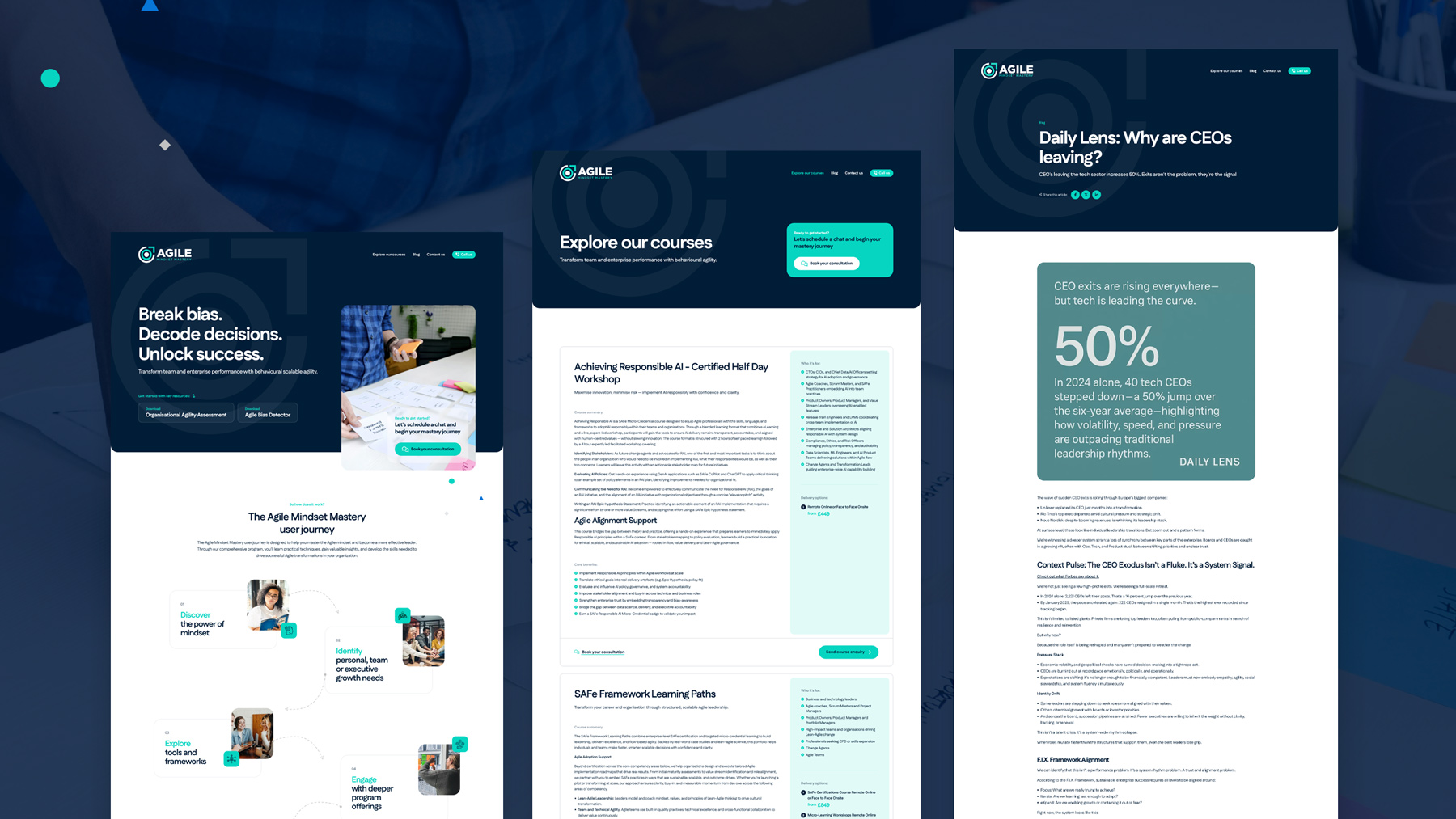Several Agile Mindset Mastery pages together, including a course page and a results panel
