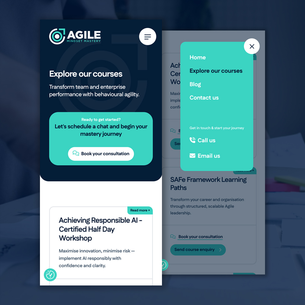 The Agile Mindset Mastery course listing with the navigation menu open on mobile
