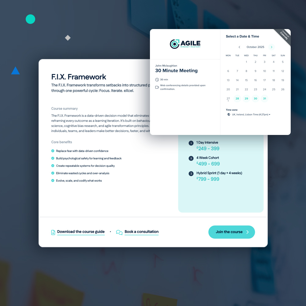 An Agile Mindset Mastery course page beside the Calendly booking calendar