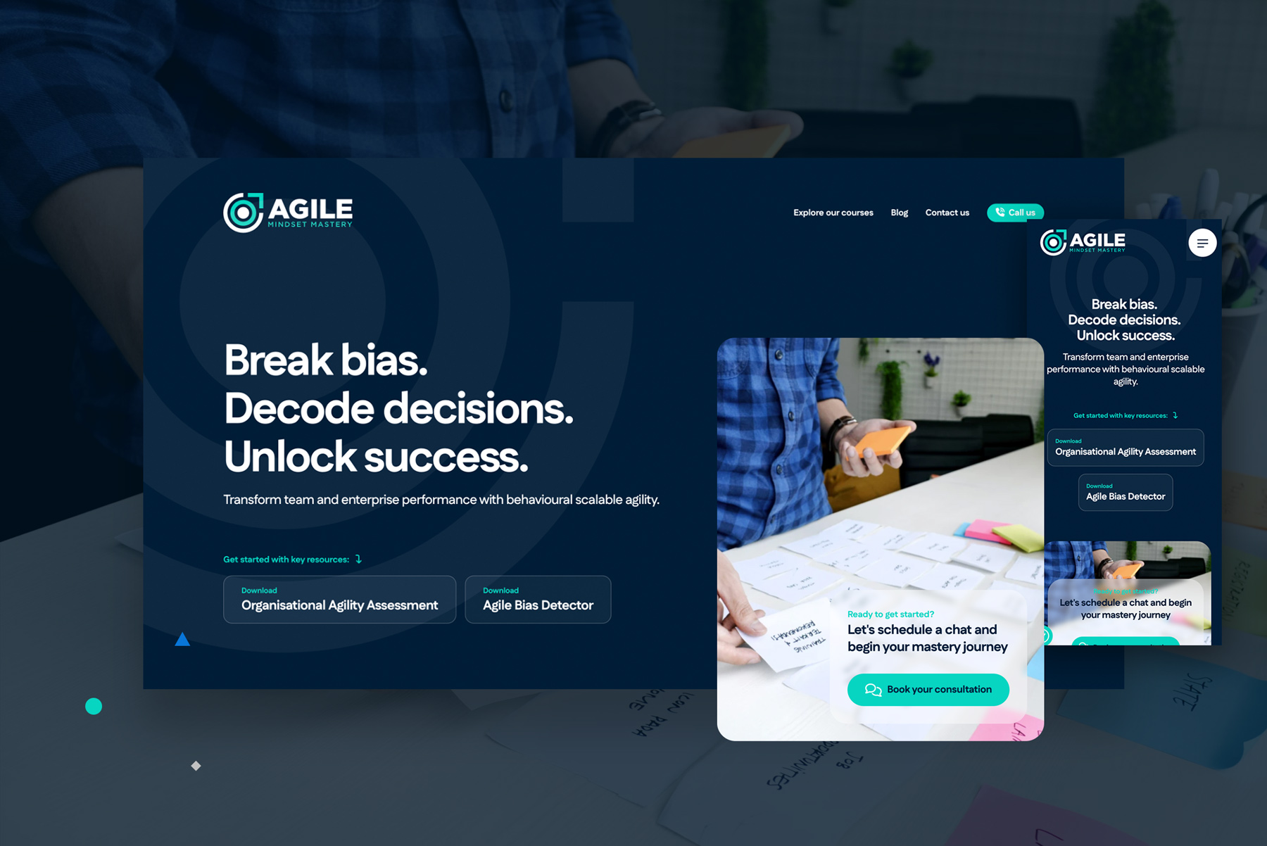 The Agile Mindset Mastery homepage, with the break bias, decode decisions, unlock success headline, shown on a laptop and a phone