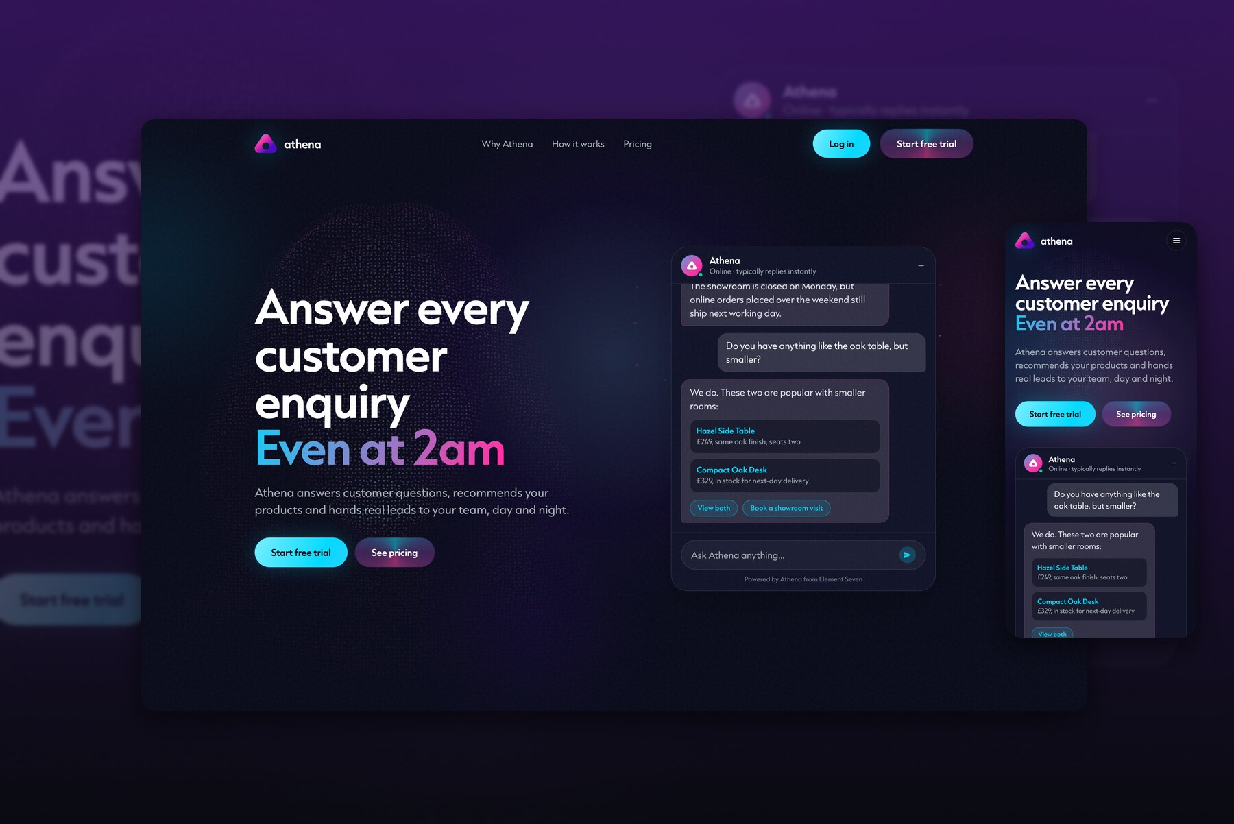 The Athena homepage, with the answer every customer enquiry, even at 2am headline, on desktop and mobile