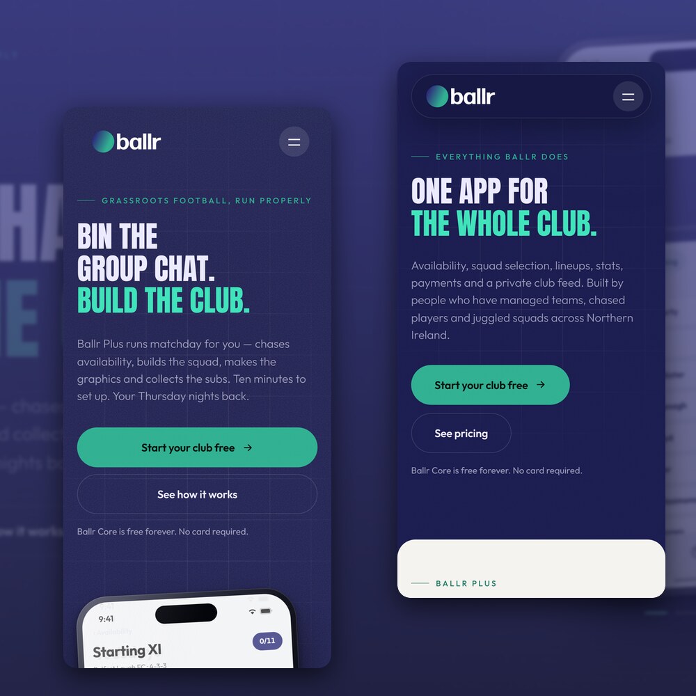 The Ballr one app for the whole club page, shown on desktop and mobile