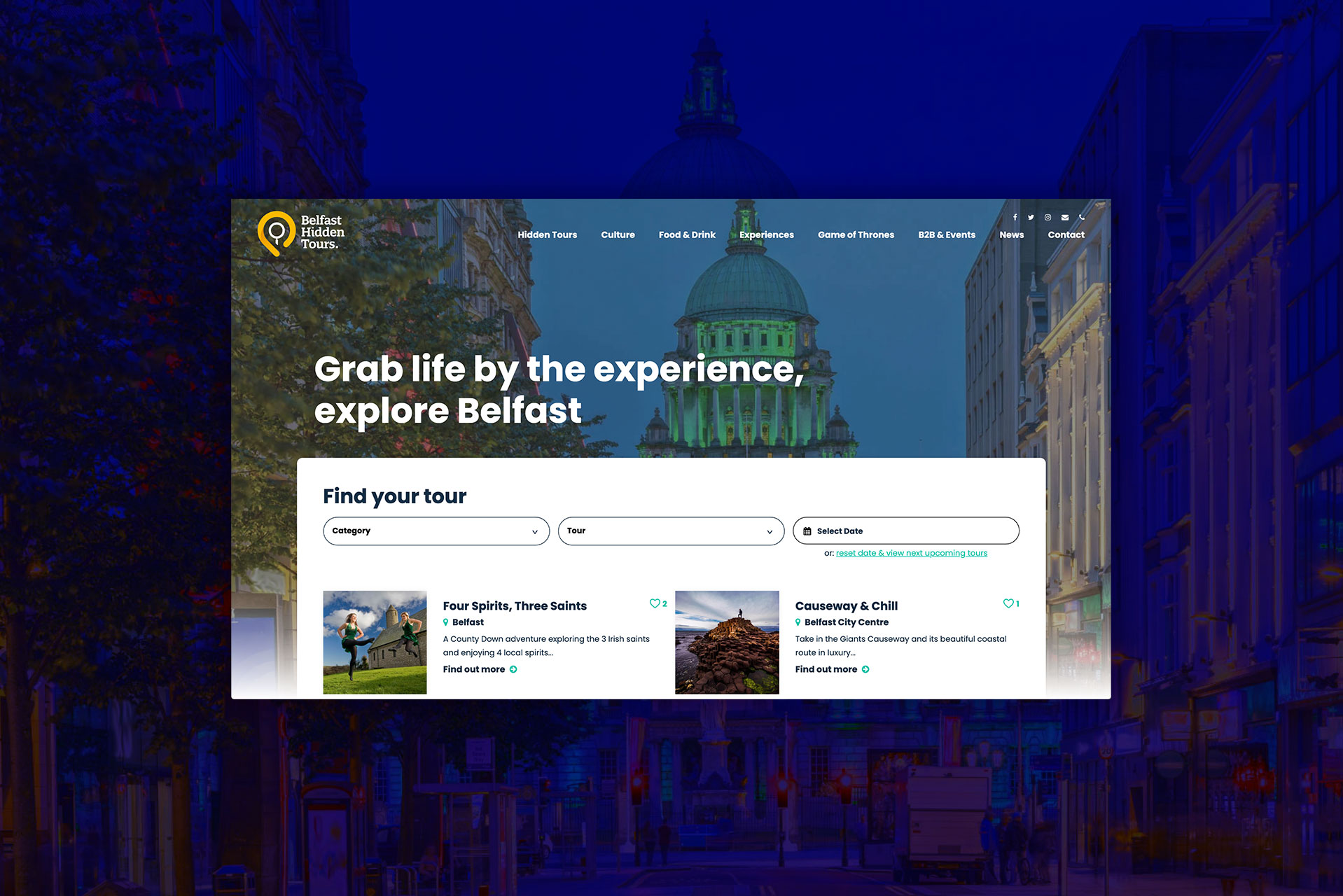 The Belfast Hidden Tours homepage, with the grab life by the experience, explore Belfast headline