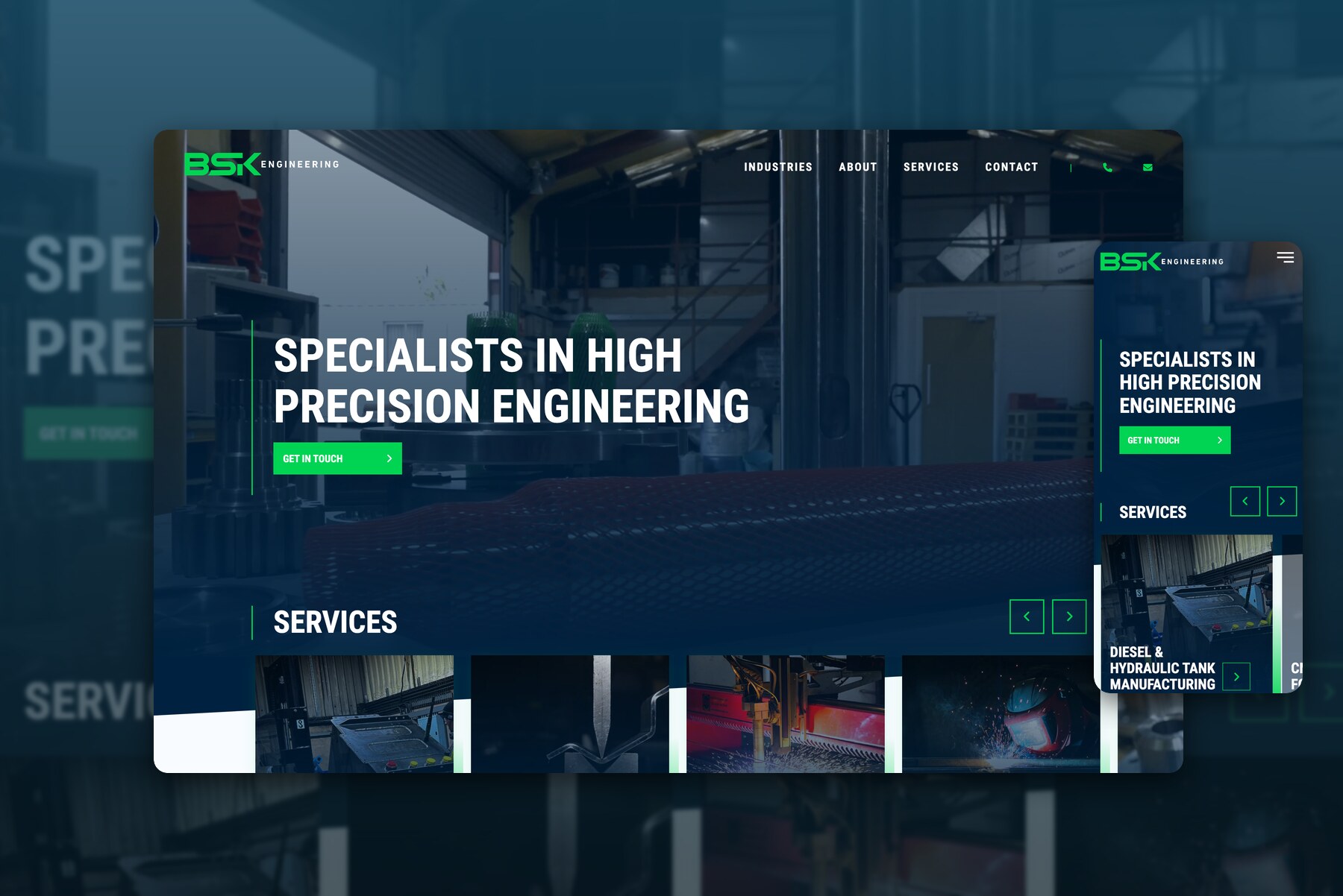 The BSK Engineering homepage, with the specialists in high precision engineering headline over workshop photography