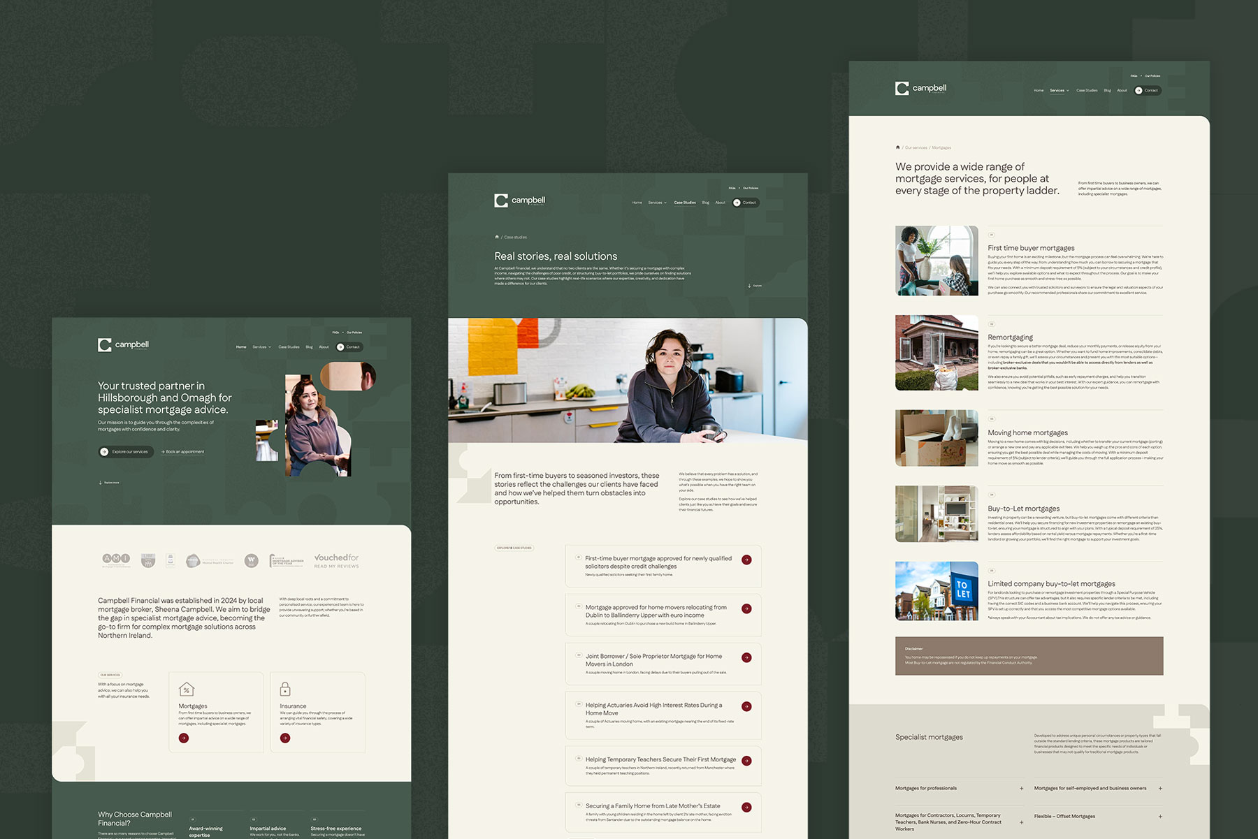 Several Campbell Financial pages together, including services and client reviews