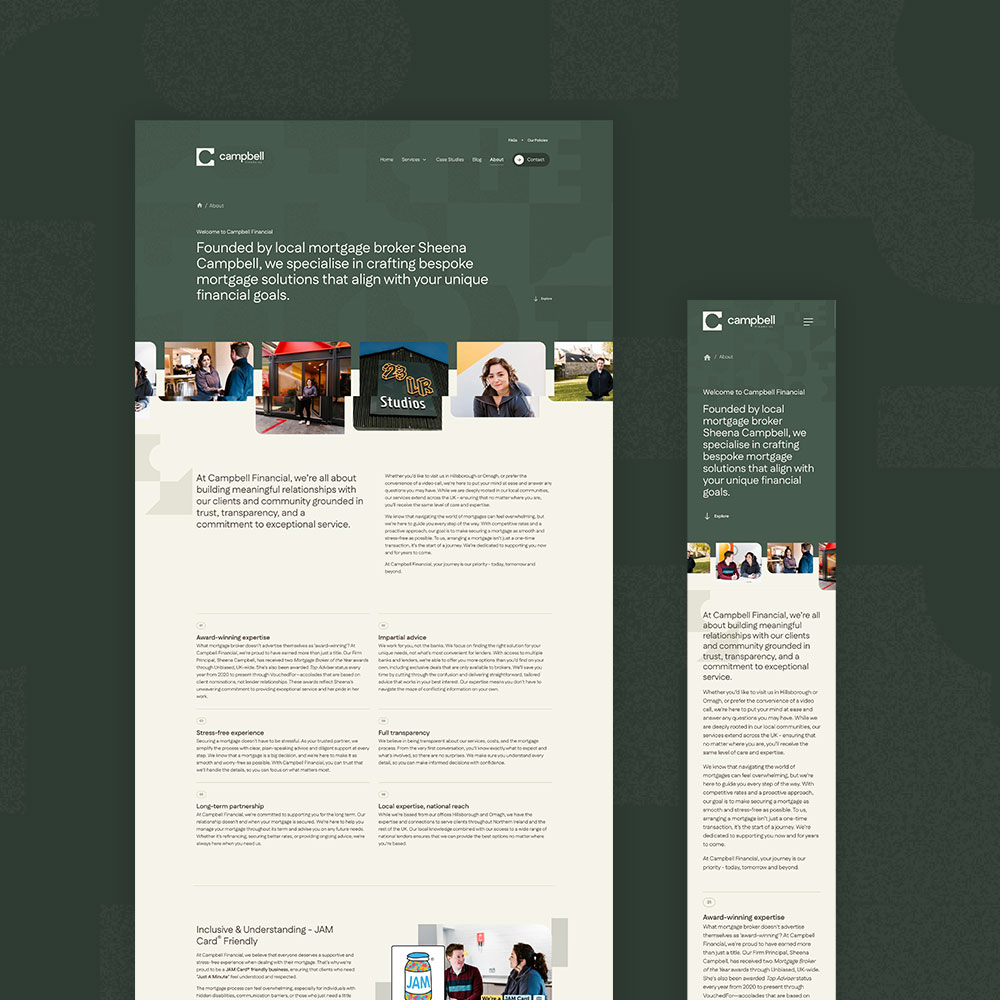 Campbell Financial service pages shown on desktop and mobile