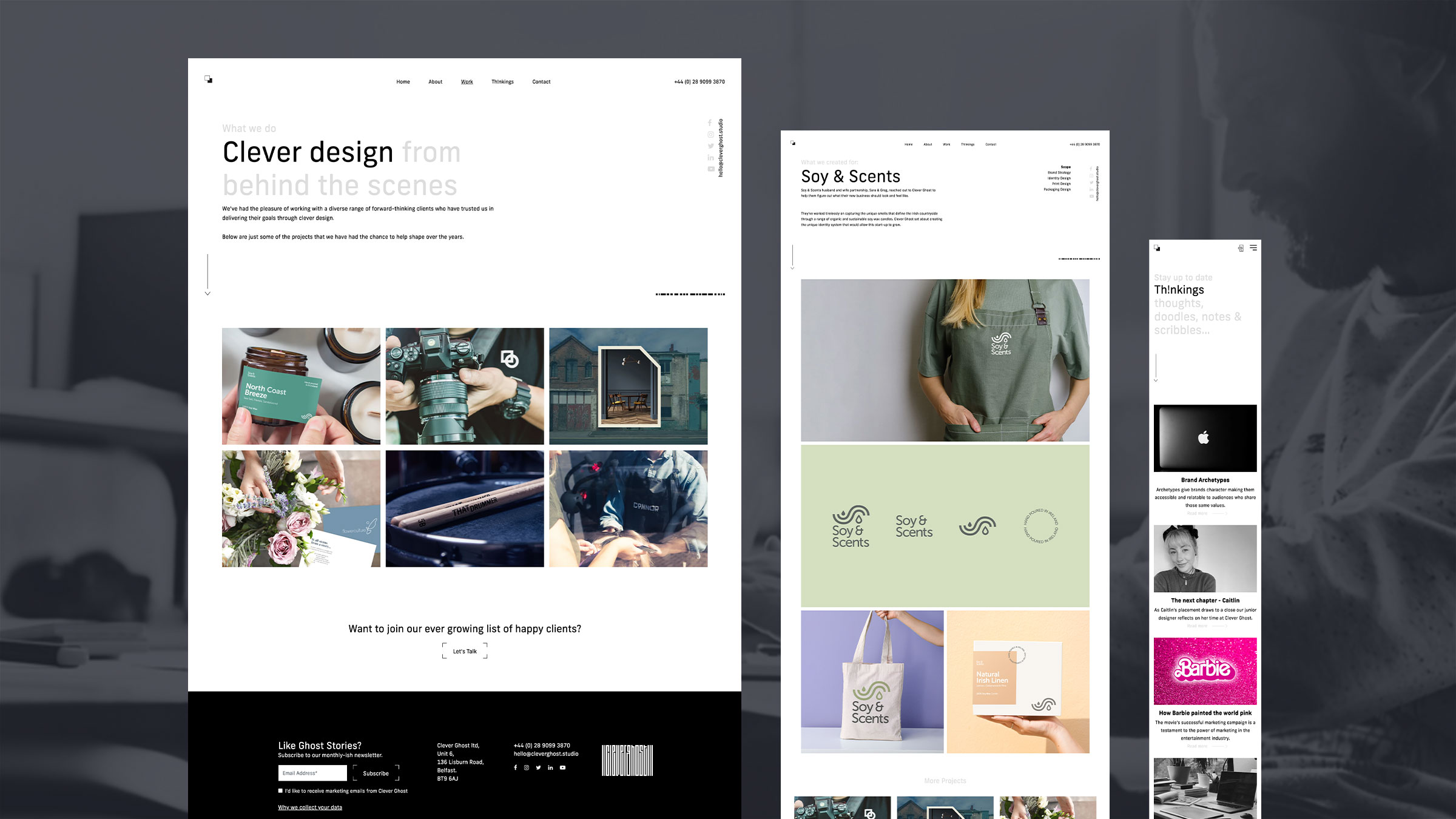 Clever Ghost project pages showing branding work across devices