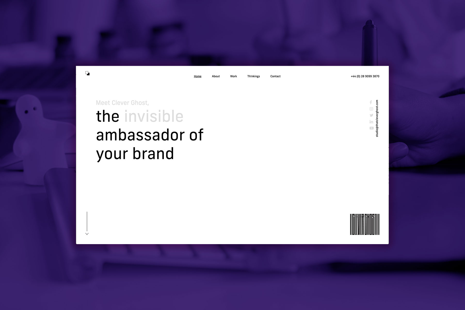 The Clever Ghost homepage, with the invisible ambassador of your brand headline