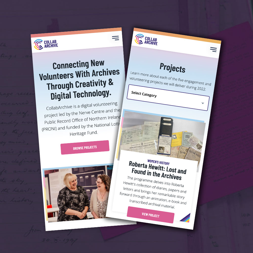 The CollabArchive projects page shown on desktop and mobile