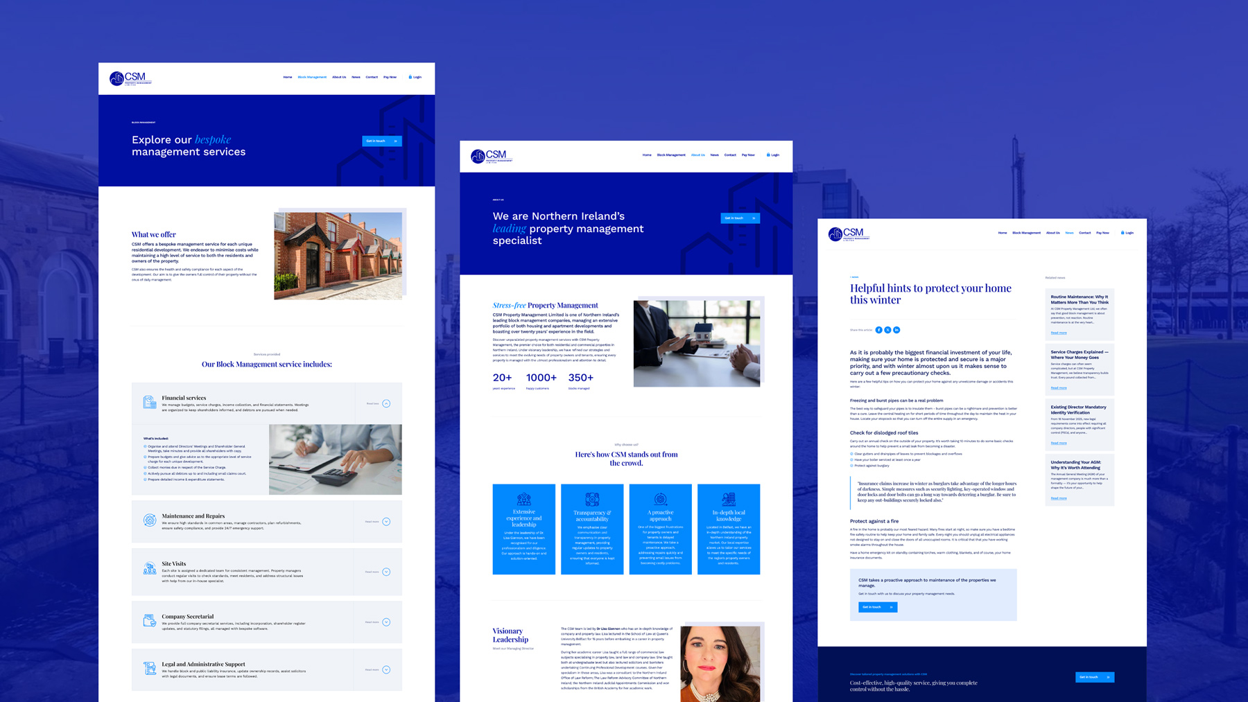 Several CSM Property Management pages together, including services and news