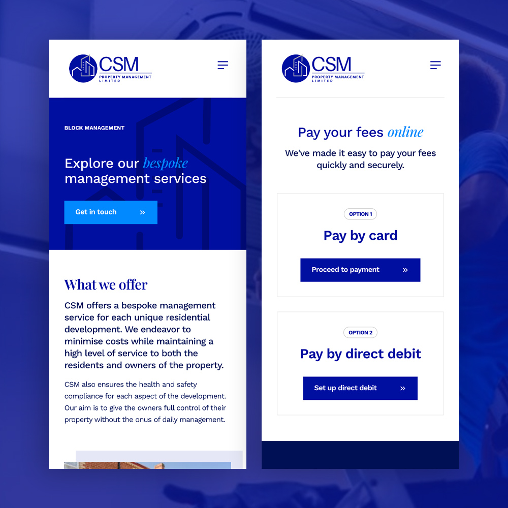 The CSM Property Management services page beside the pay by card screen
