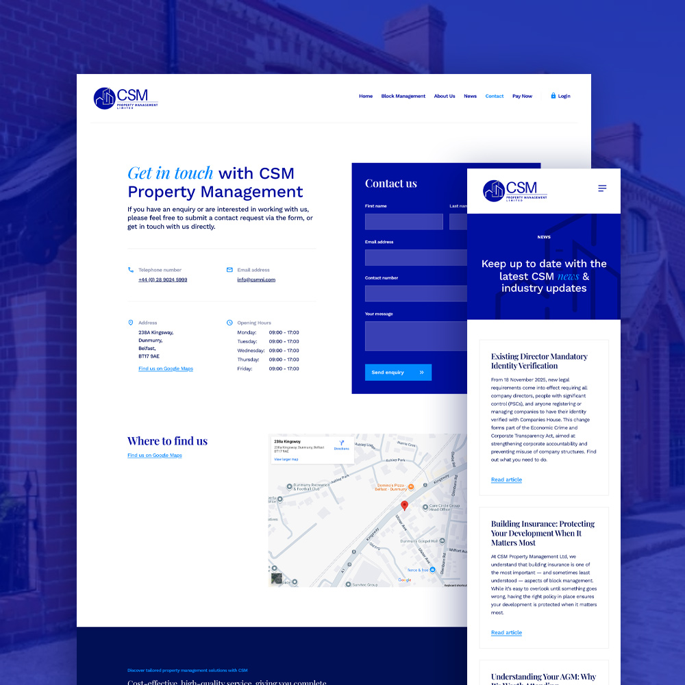 The CSM Property Management online fee payment page with a location map
