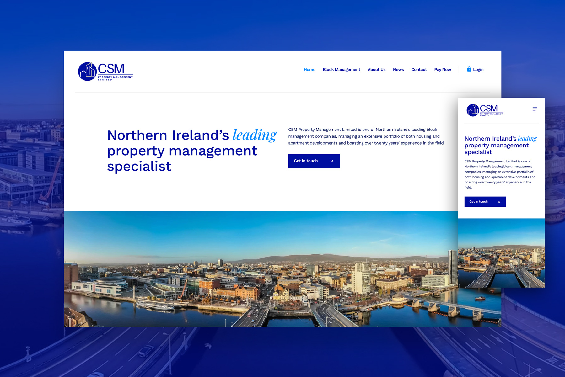 The CSM Property Management homepage, over an aerial view of Belfast