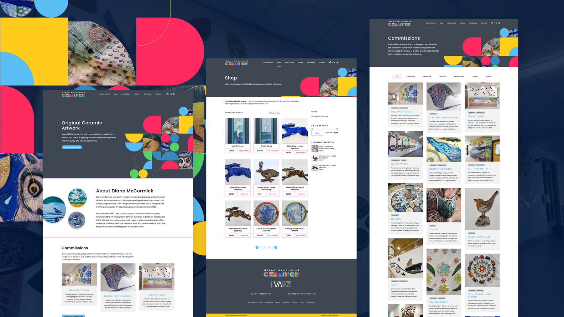 Several Diane McCormick shop pages together, showing the gallery and product listings