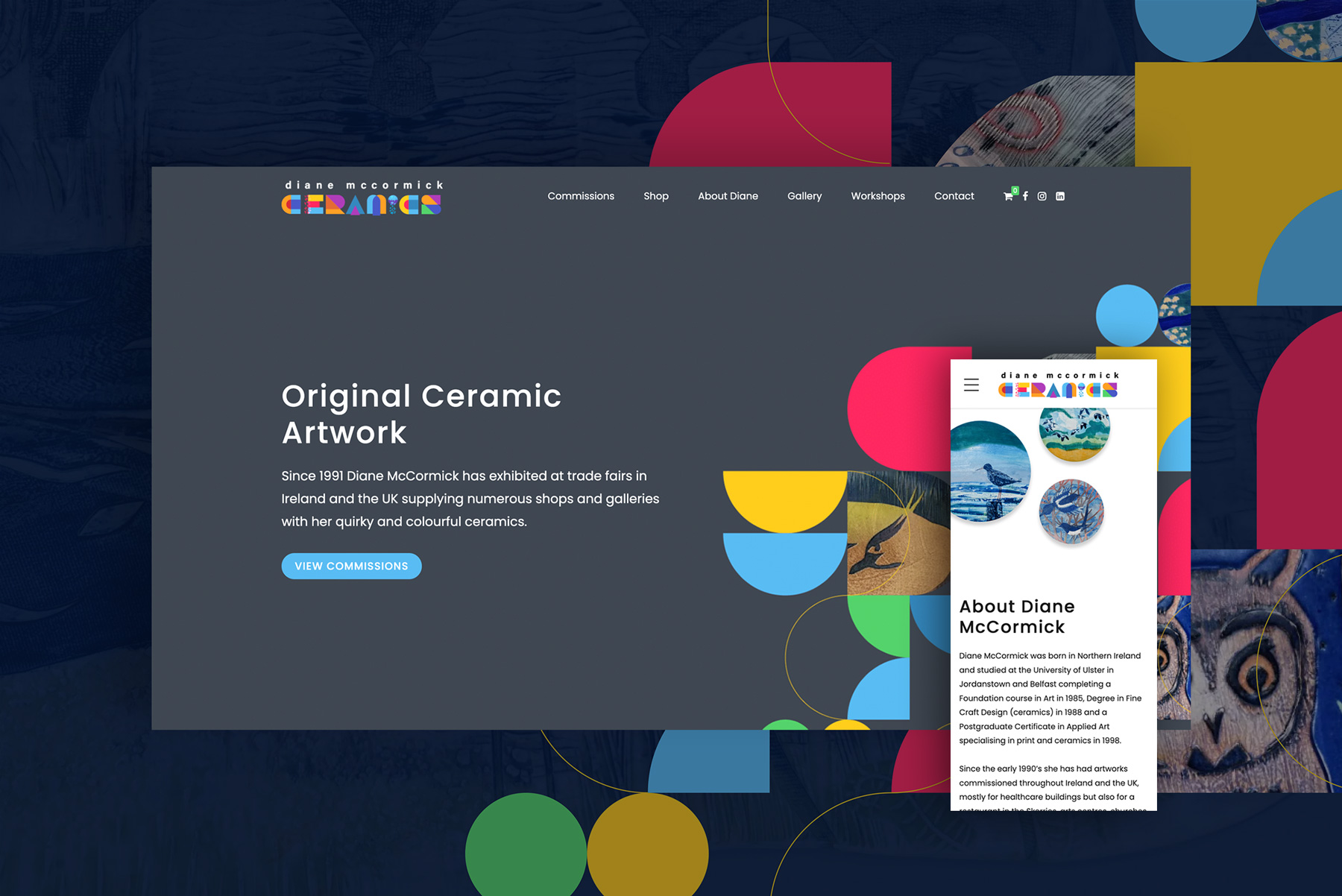 The Diane McCormick homepage, showing original ceramic artwork