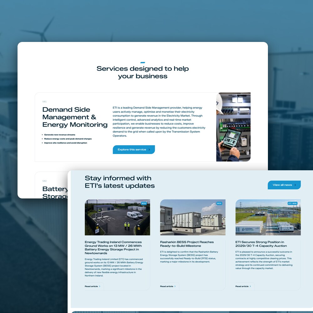Energy Trading Ireland service pages, including Demand Side Management and energy monitoring