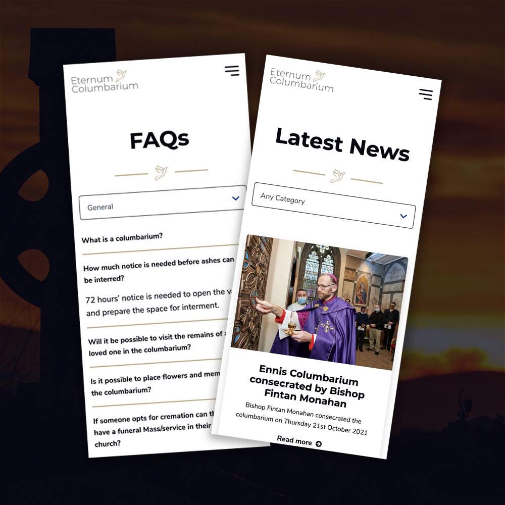 The Eternum Columbarium FAQs and latest news pages on mobile