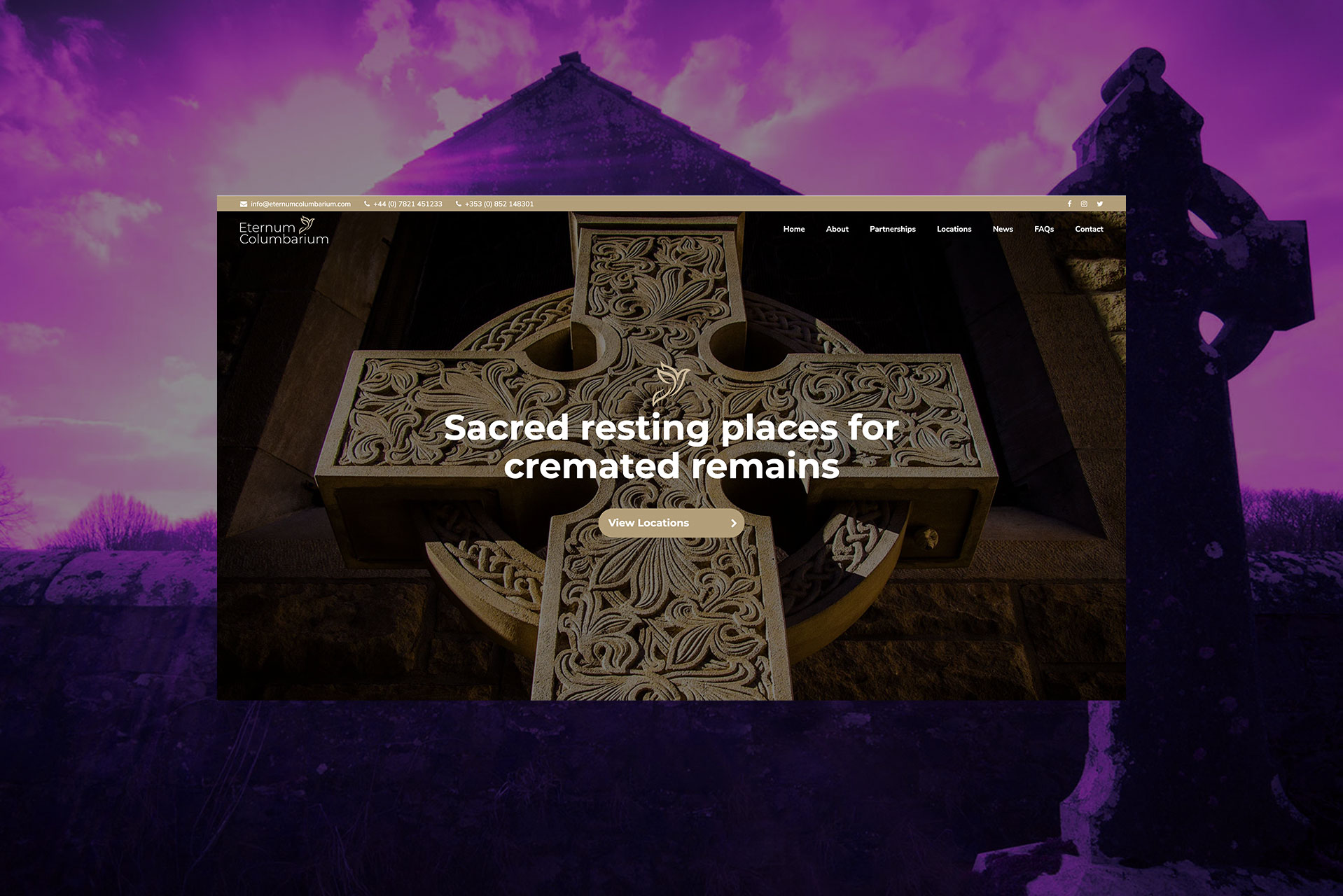 The Eternum Columbarium homepage, describing sacred resting places for cremated remains