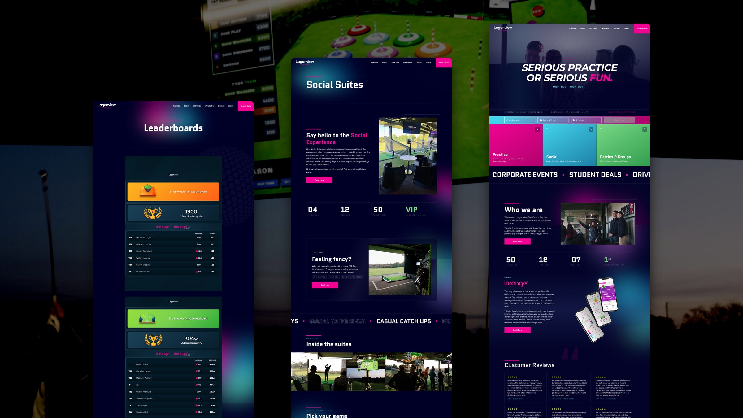 Several Laganview pages together, including social suites and the booking steps
