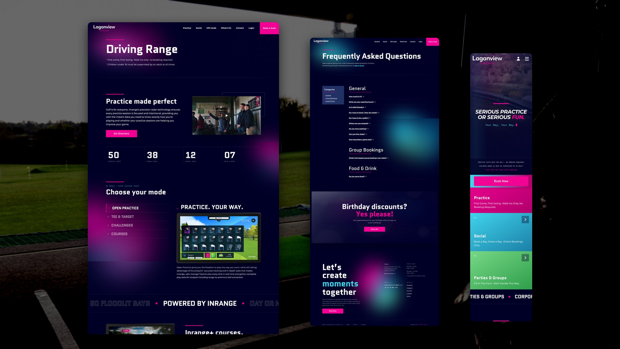 The Laganview driving range and frequently asked questions pages across devices