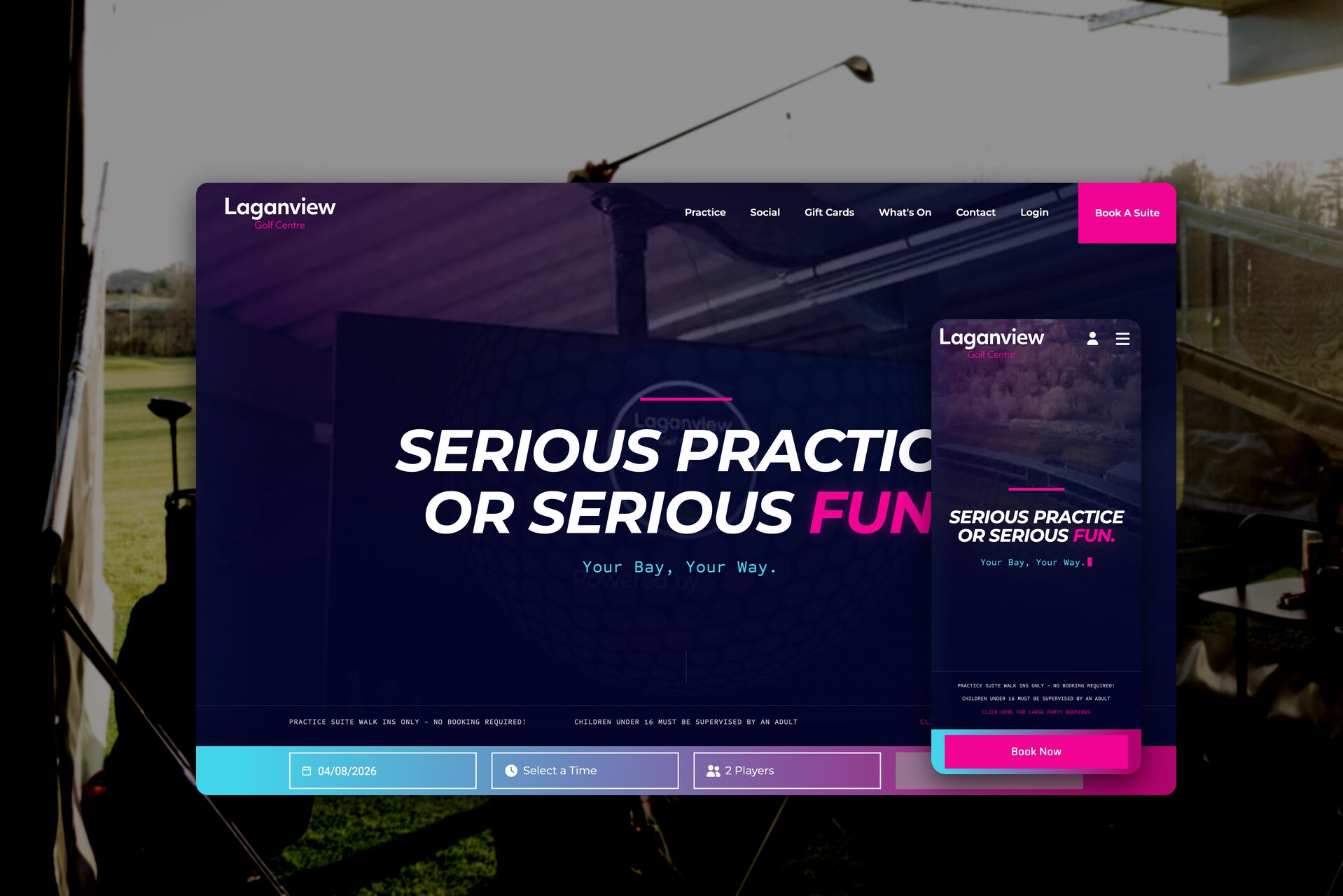 The Laganview Golf Centre homepage, with the serious practice or serious fun headline