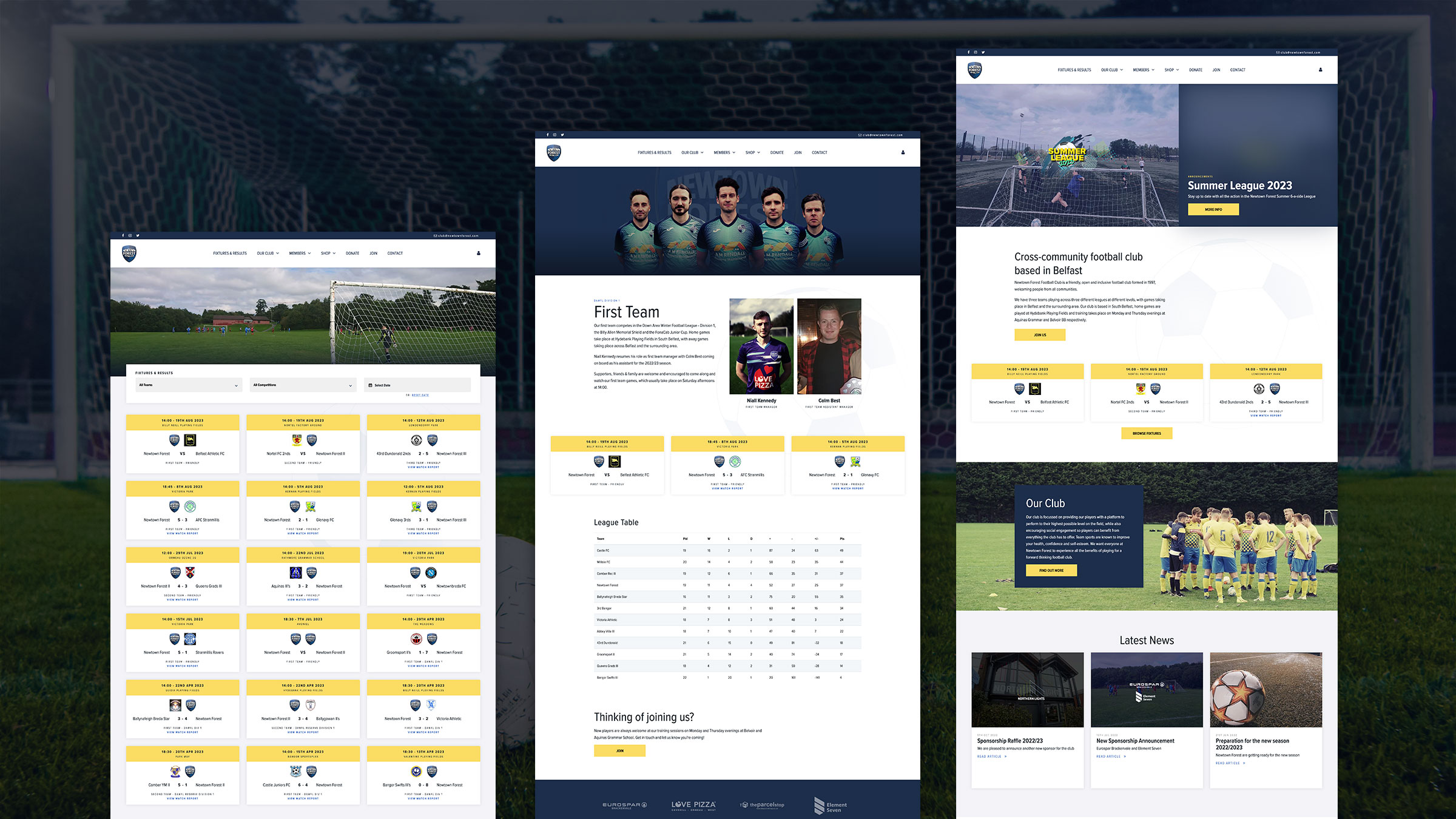 Several Newtown Forest FC pages together, including league tables and squad profiles