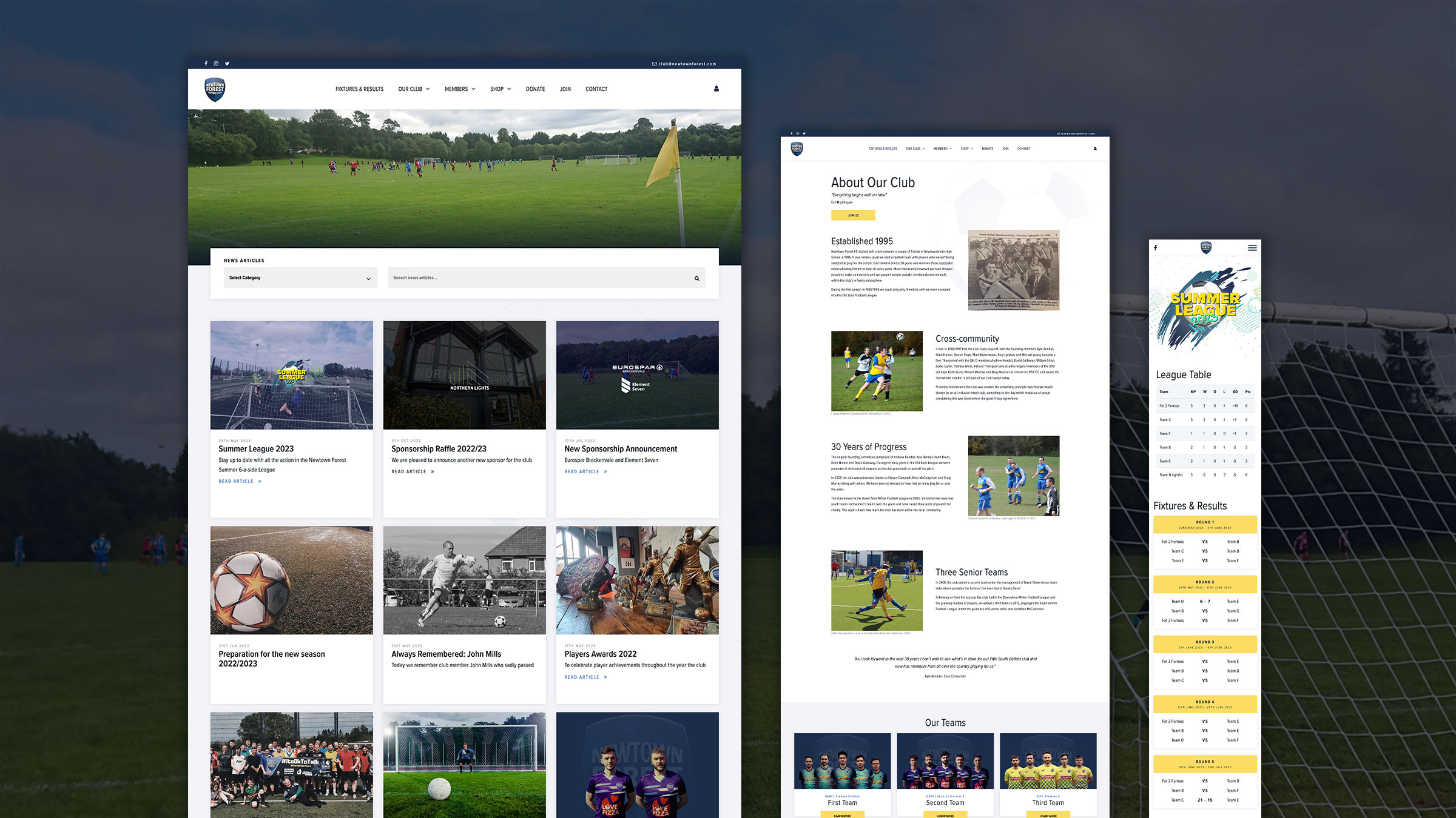 Newtown Forest FC fixtures and news pages shown across devices