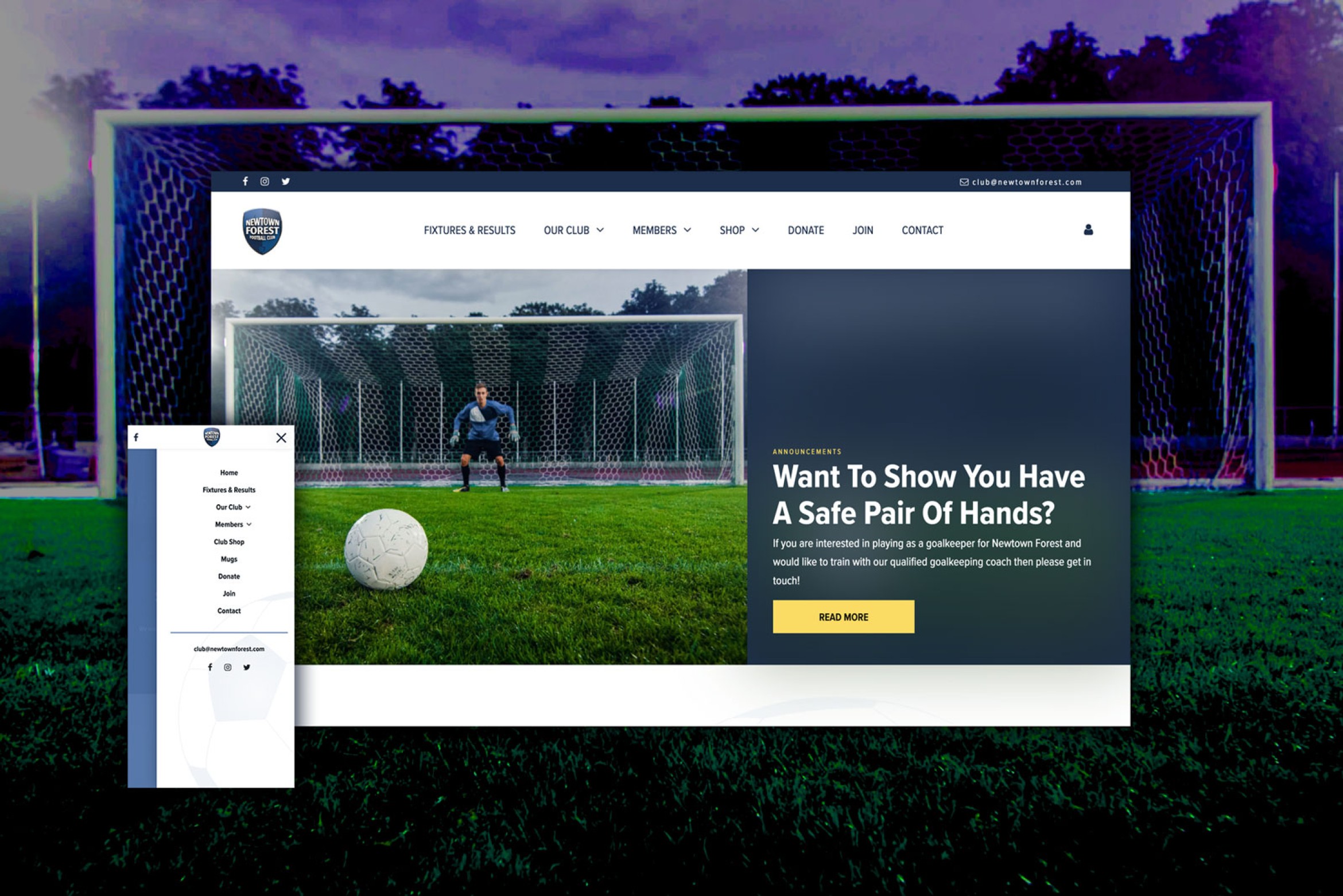 The Newtown Forest FC homepage, showing club fixtures and news