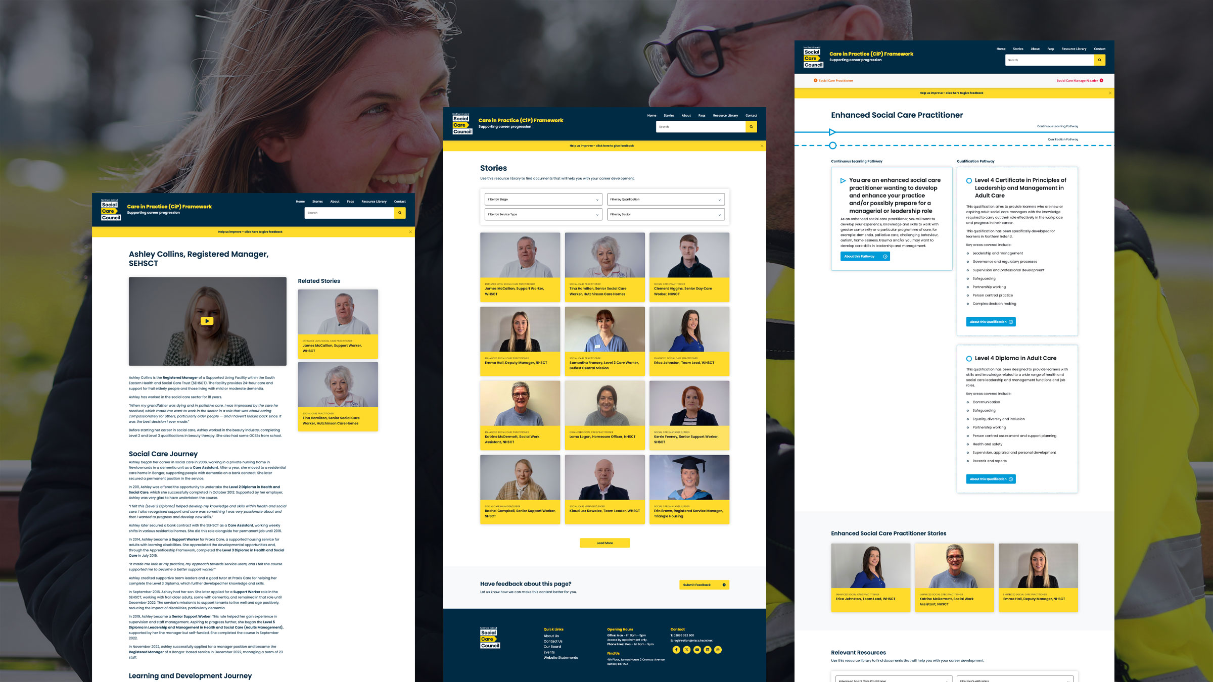 Several Care in Practice pages together, showing the framework levels