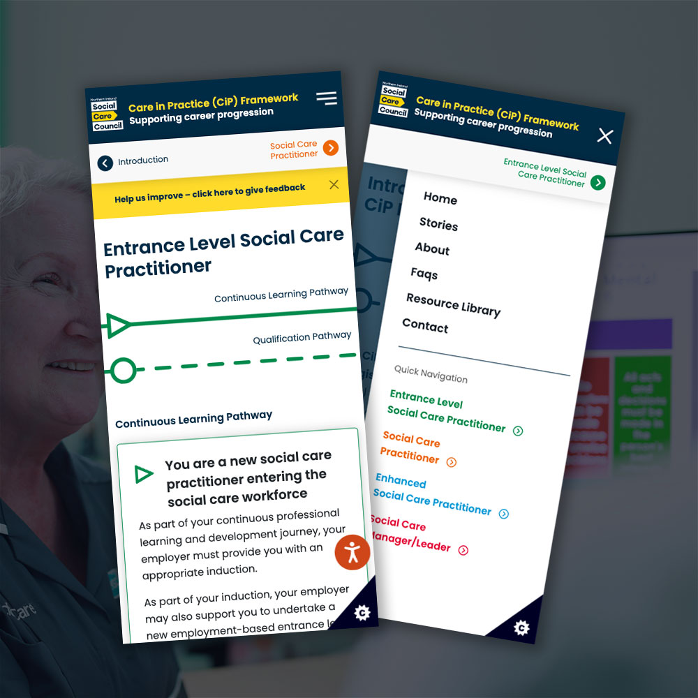 The Care in Practice entrance level practitioner page with the navigation open on mobile