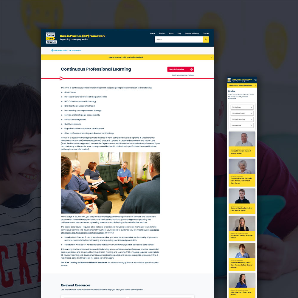 A Care in Practice Framework page setting out learning and development options