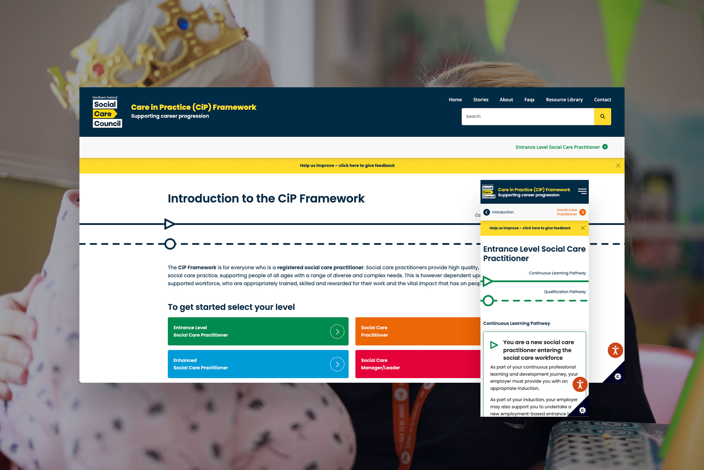 The Care in Practice Framework homepage, introducing the framework to social care practitioners
