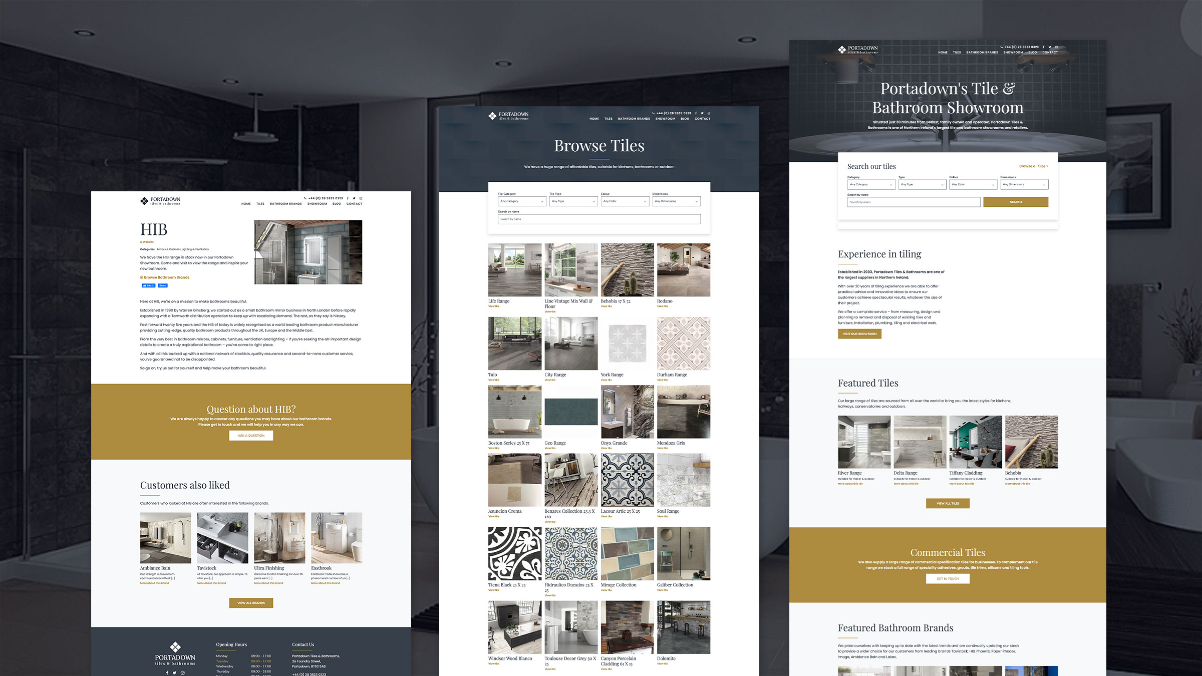 Several Portadown Tiles pages together, including the tile browser and showroom details
