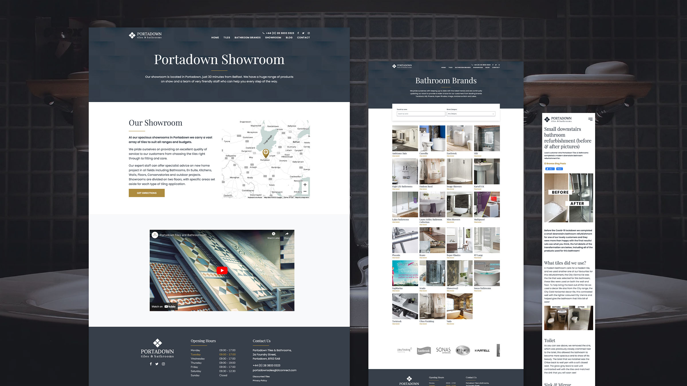 The Portadown Tiles showroom and contact pages shown across devices