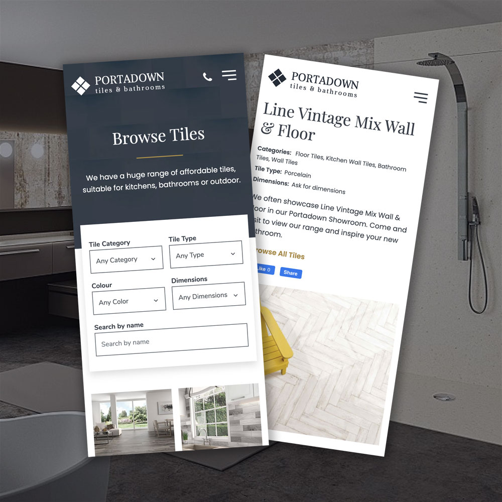 The Portadown Tiles browse tiles page shown on mobile