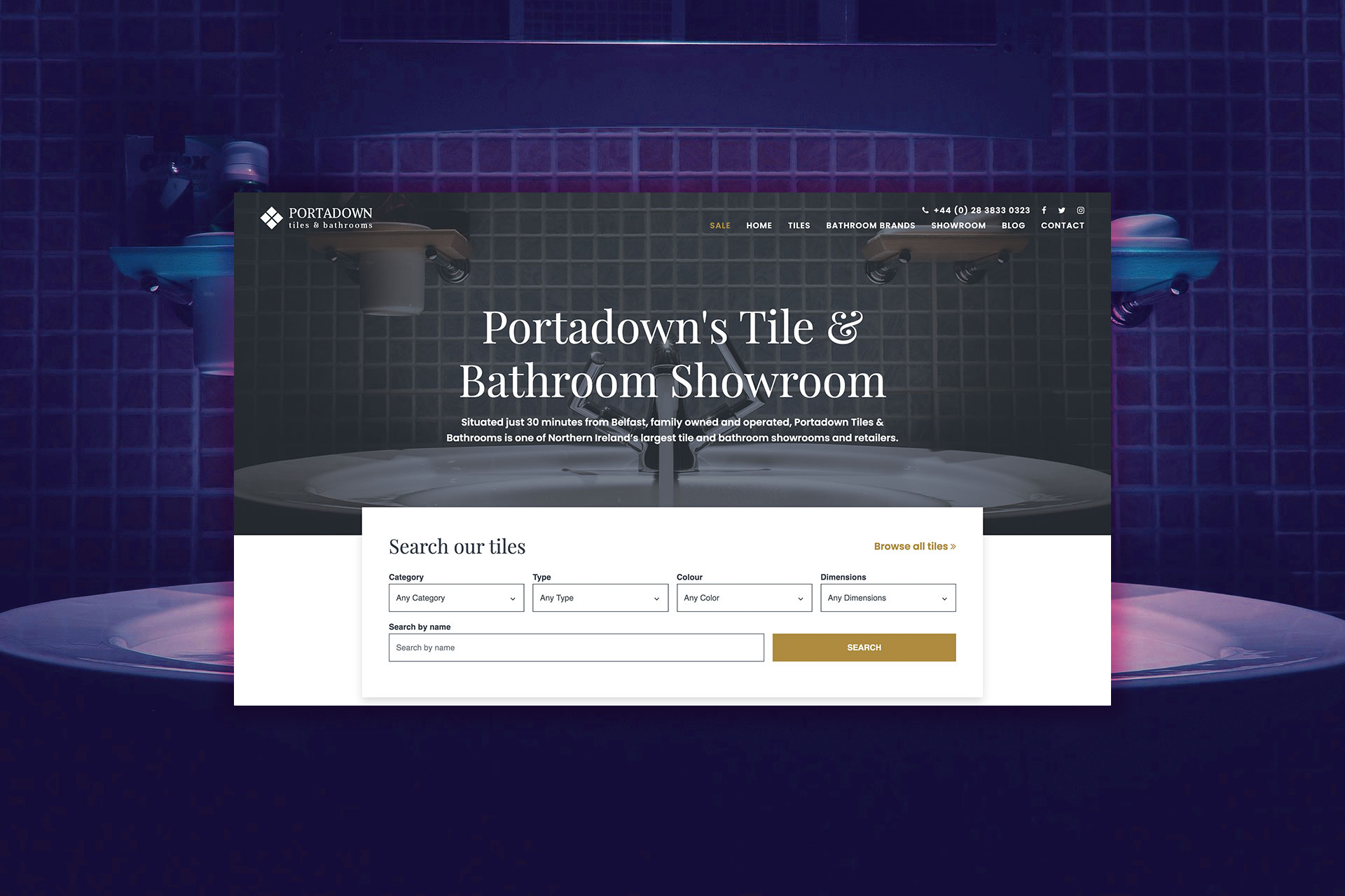 The Portadown Tiles homepage for the tile and bathroom showroom, with tile search