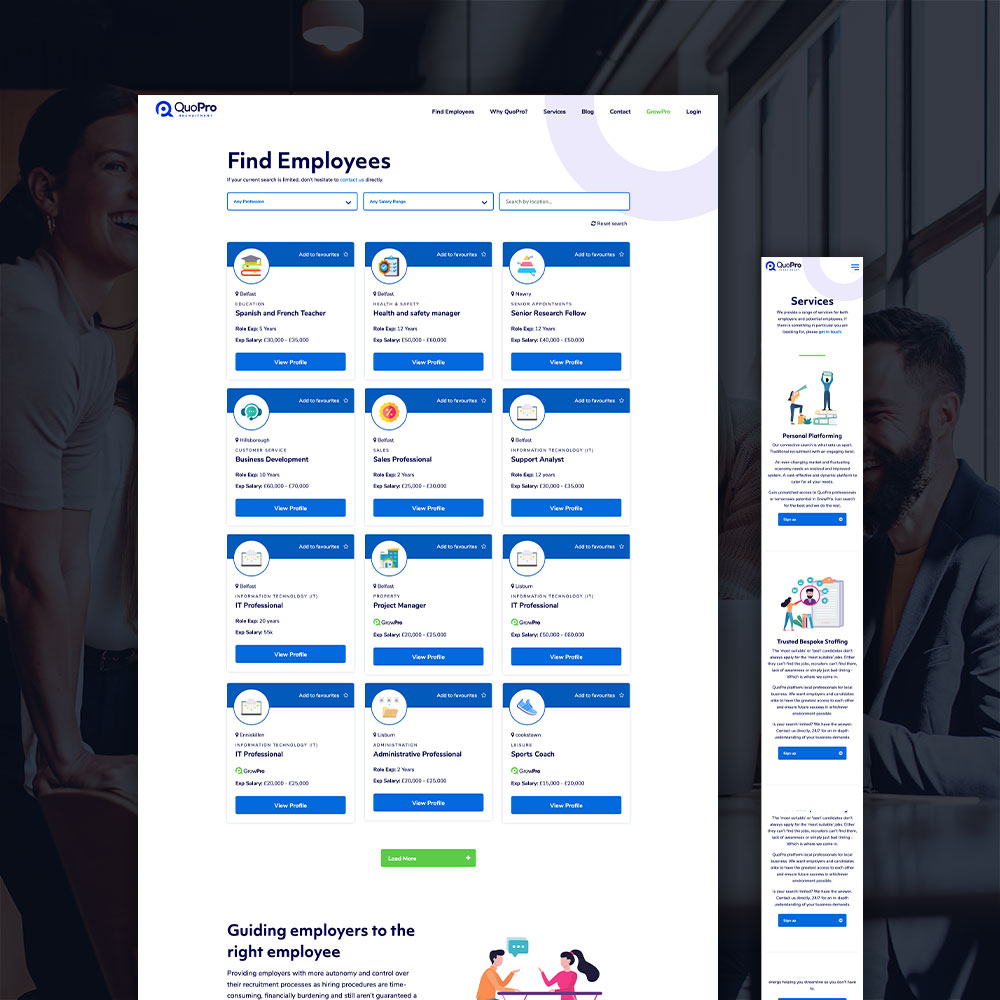 The QuoPro find employees page shown on desktop