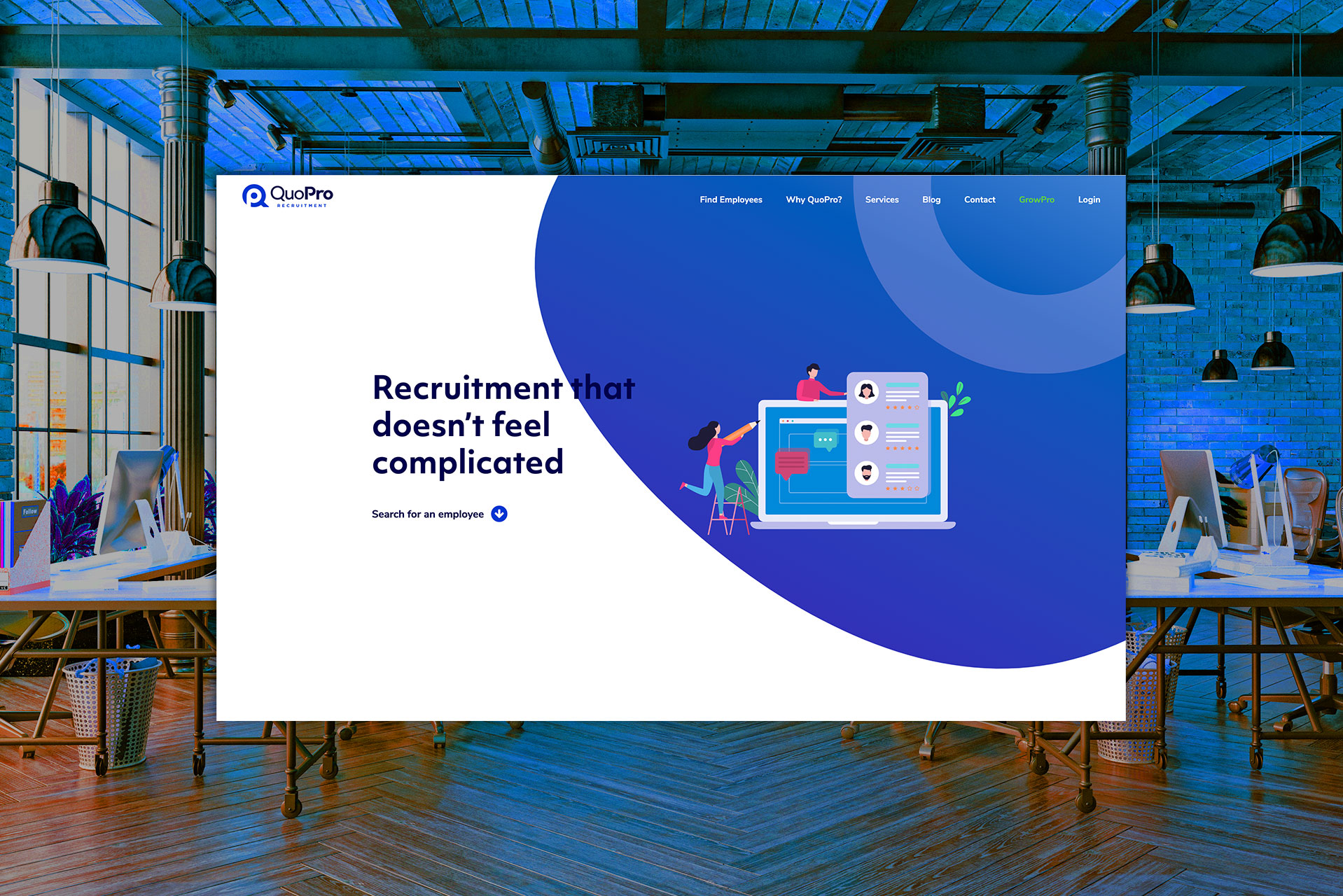 The QuoPro homepage, with the recruitment that doesn’t feel complicated headline