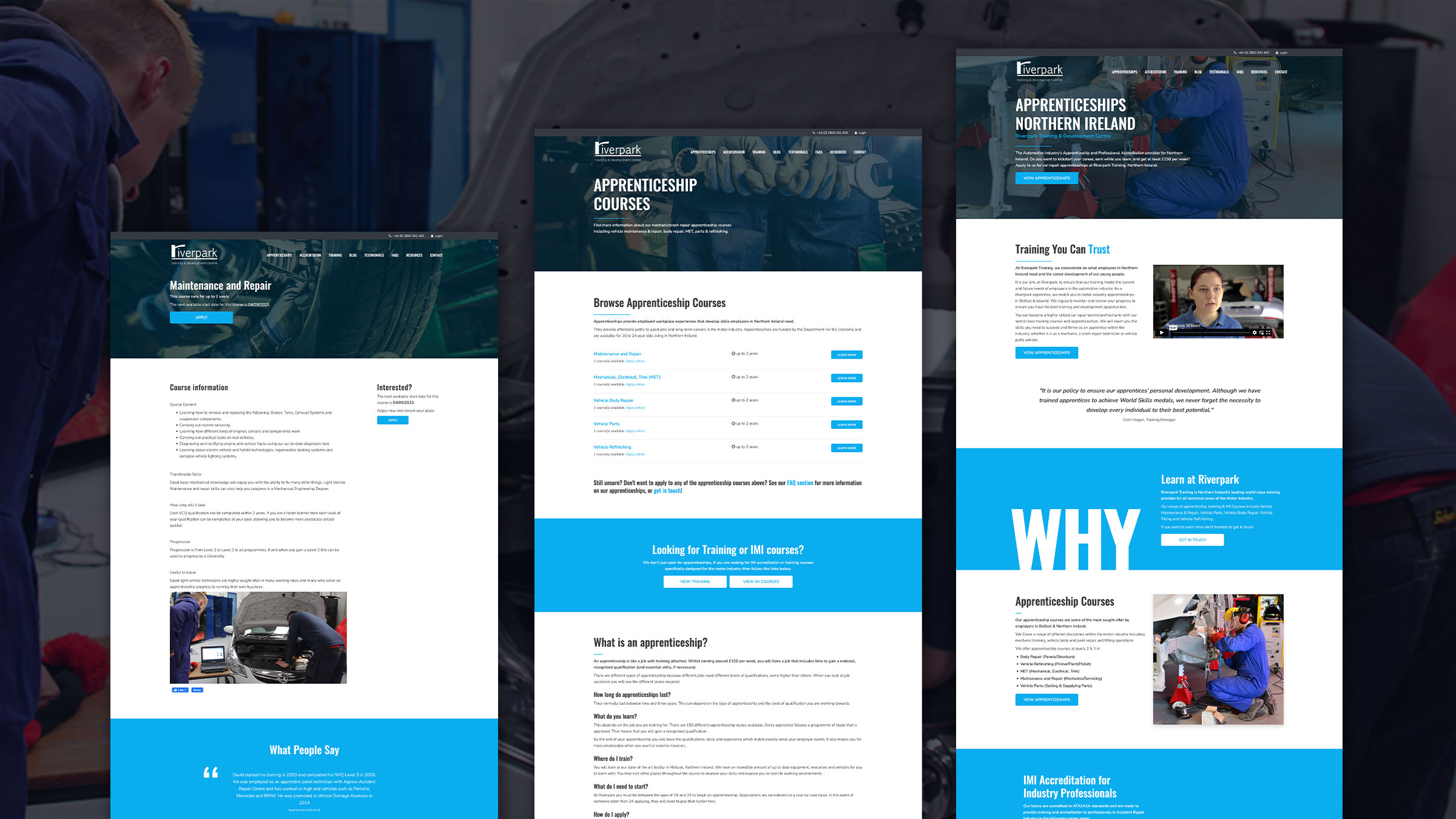 Several Riverpark Training pages together, including apprenticeships and course listings
