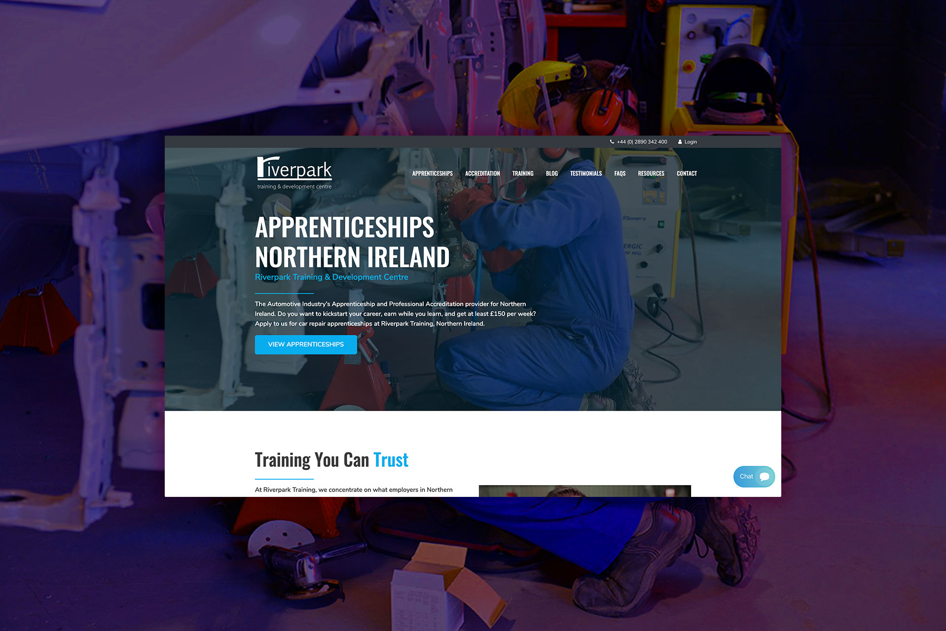 The Riverpark Training homepage, promoting apprenticeships in Northern Ireland