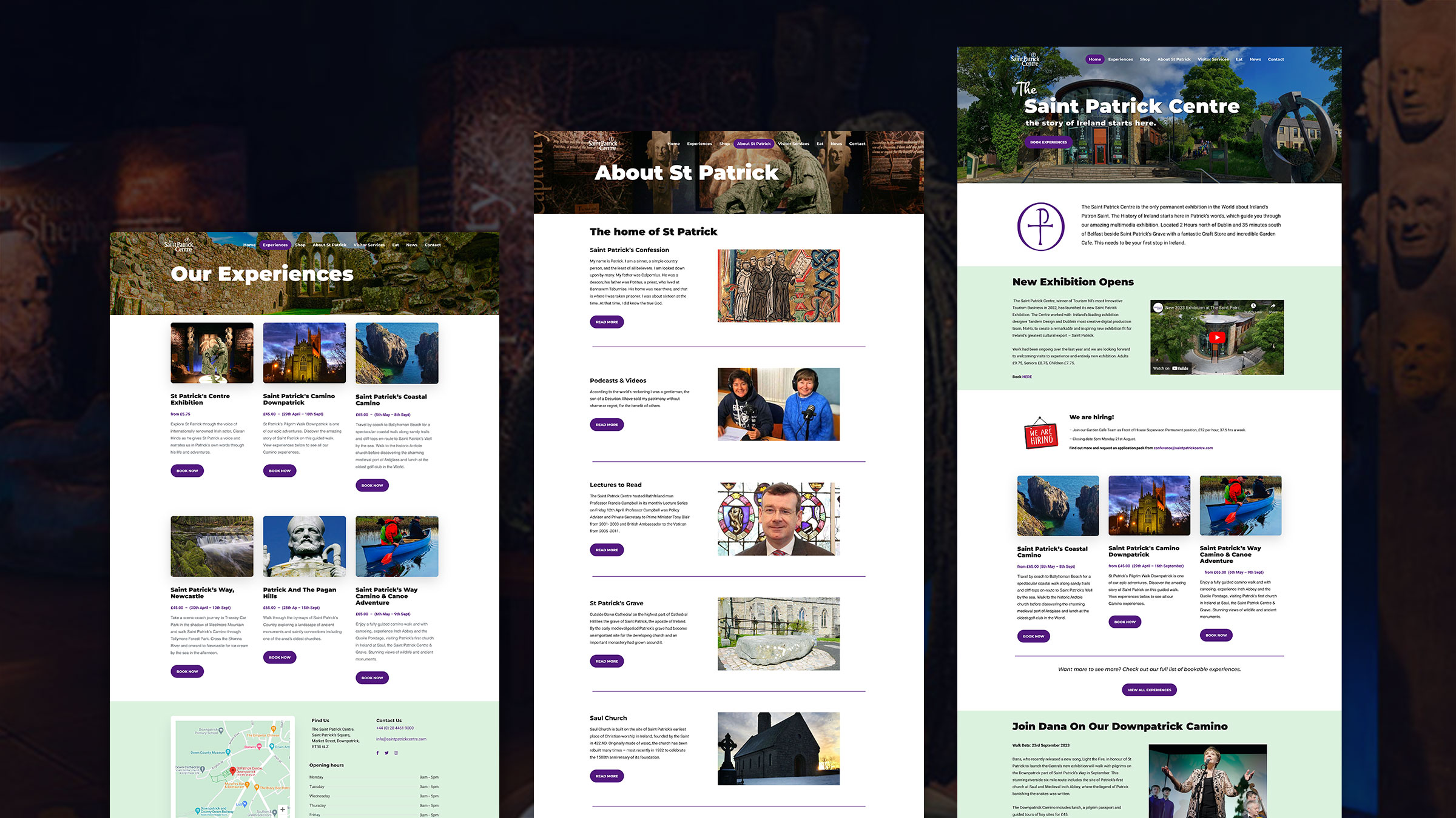 Several Saint Patrick Centre pages together, including experiences and the shop