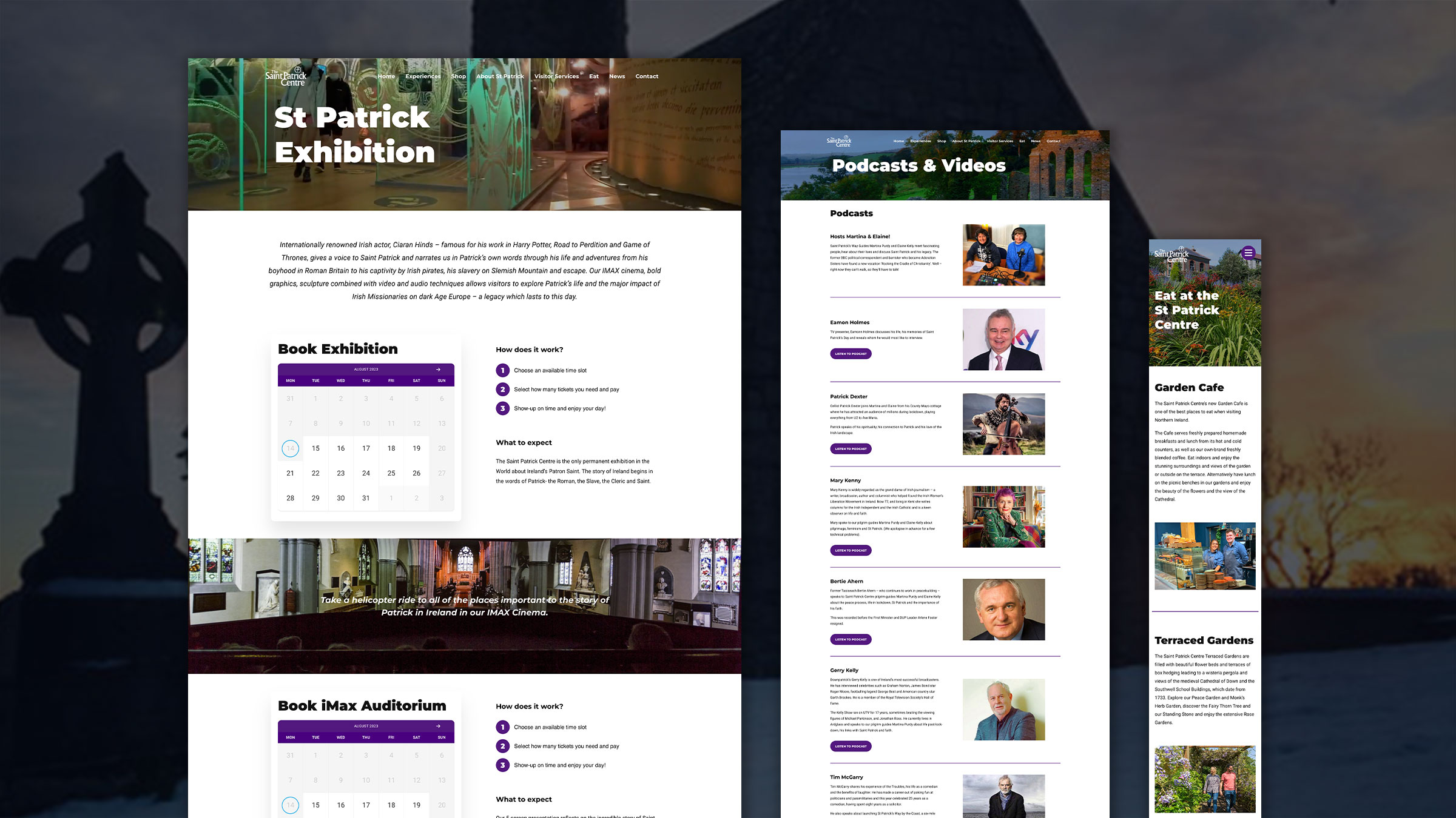 The Saint Patrick Centre exhibition and booking pages shown across devices
