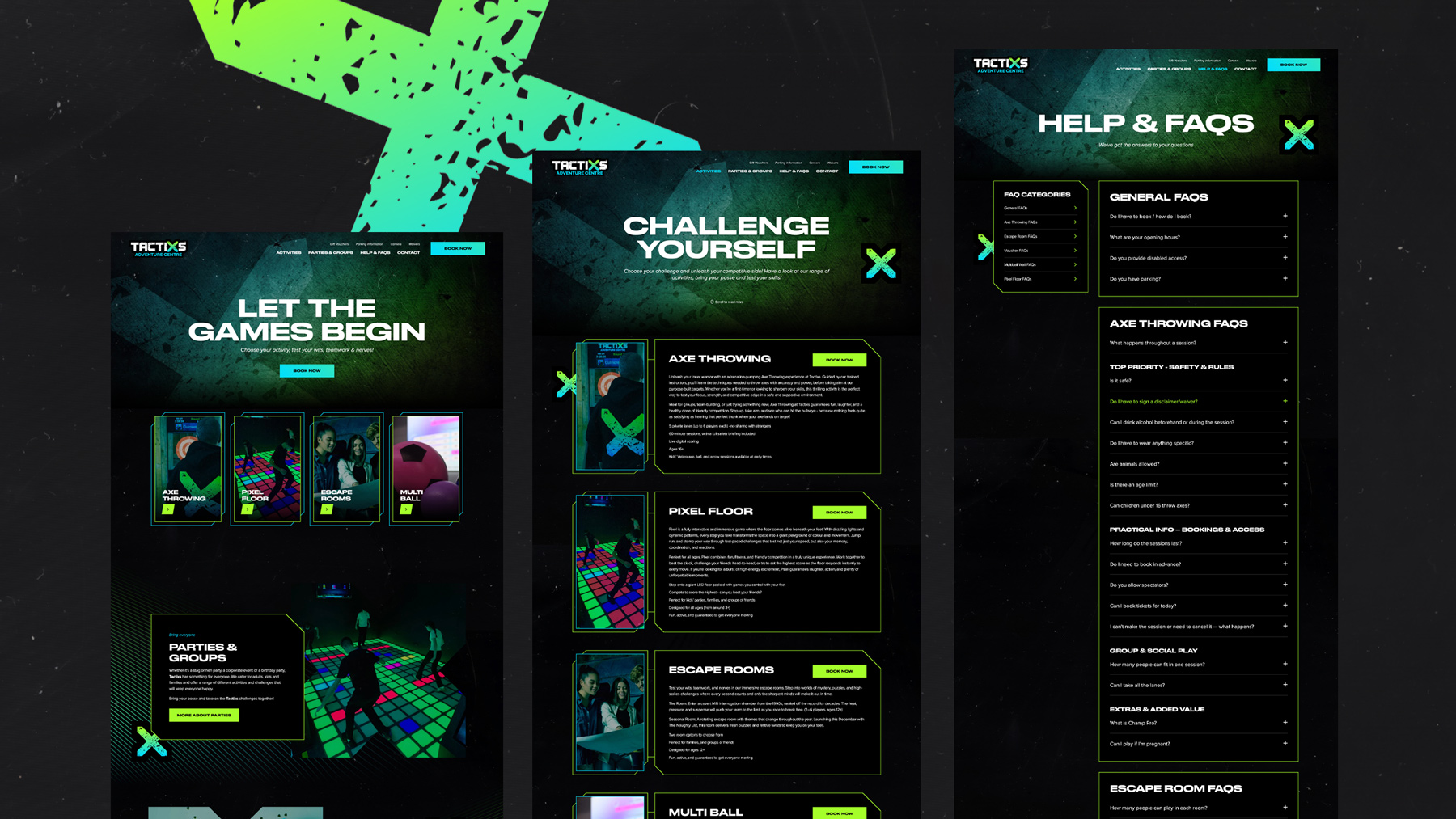Several Tactixs pages together, including activities and the help and FAQs section
