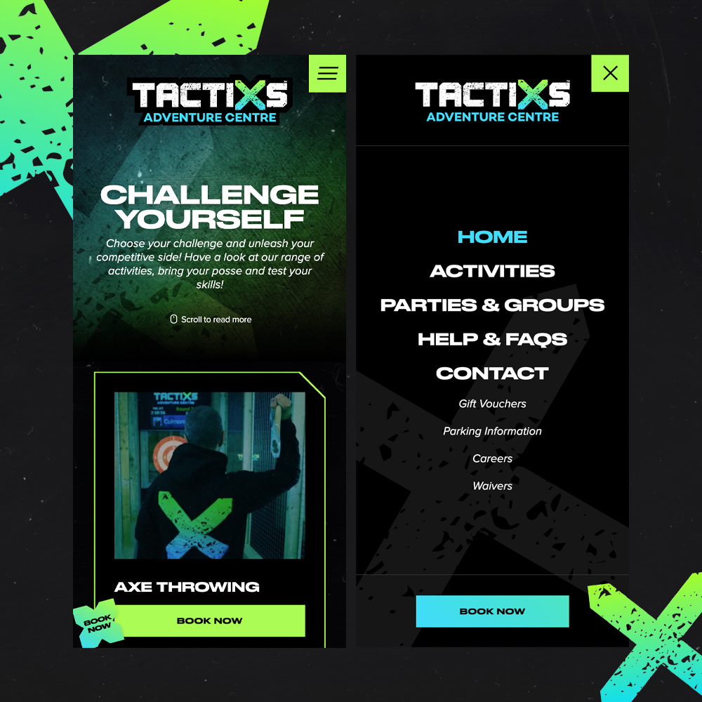 The Tactixs challenge yourself page with the navigation open on mobile