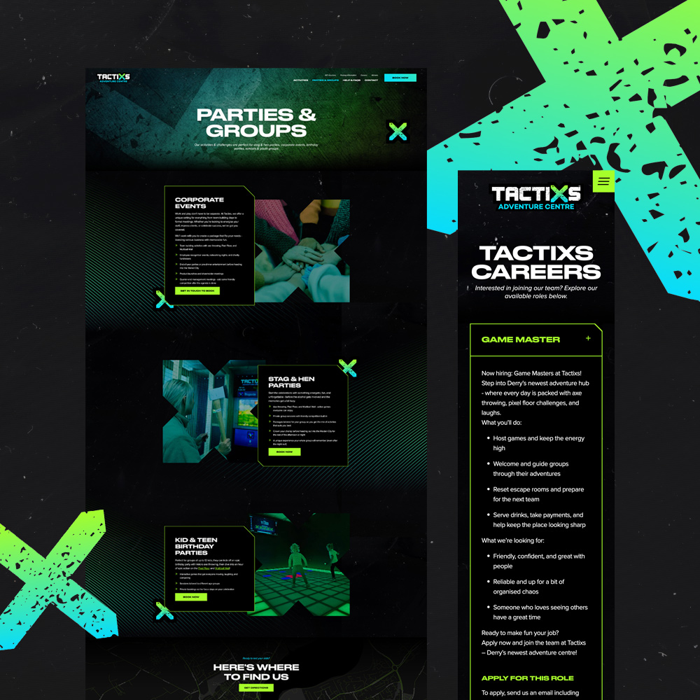 The Tactixs parties and groups page beside the careers page