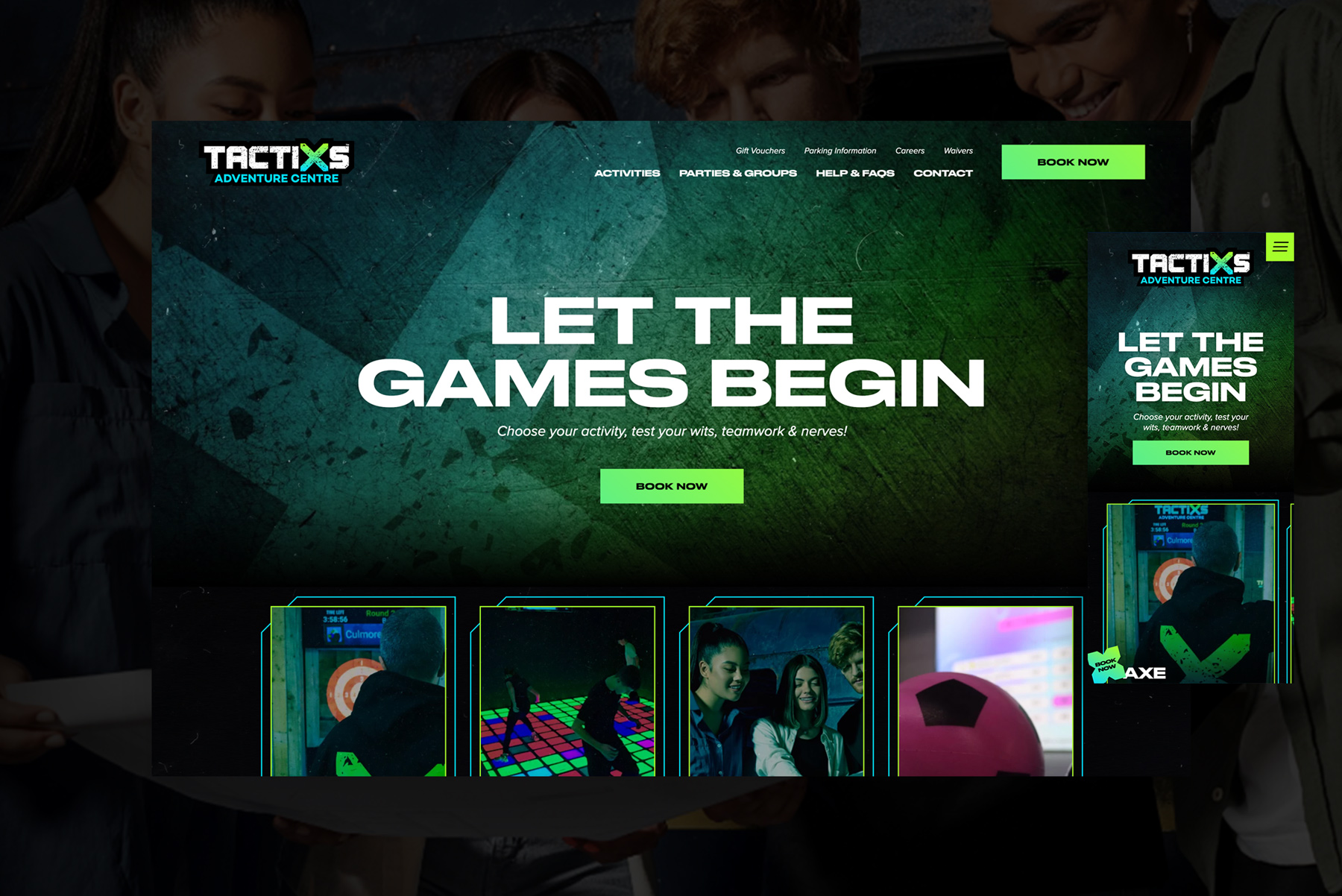 The Tactixs Adventure Centre homepage, with the let the games begin headline