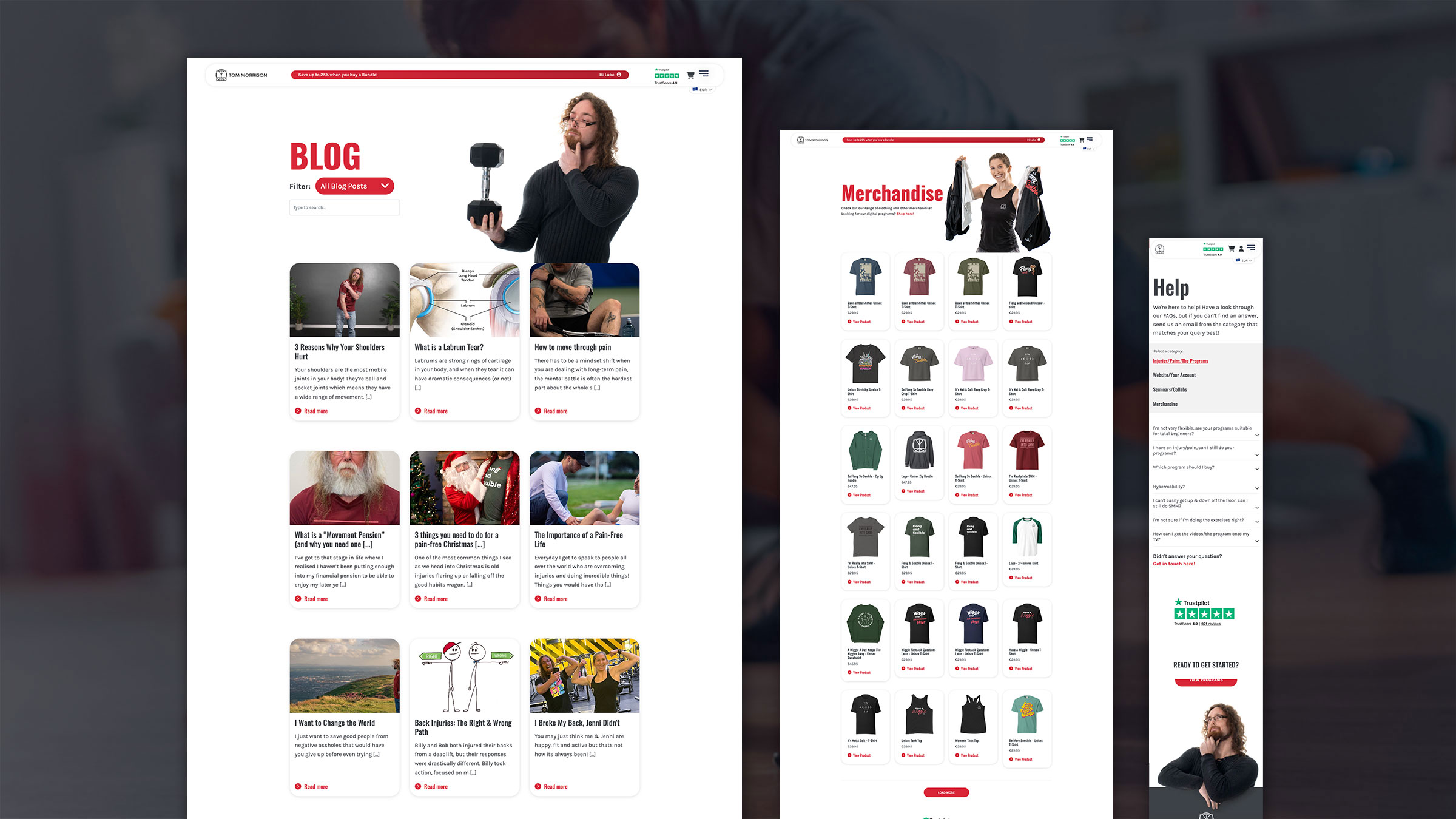 The Tom Morrison blog and merchandise pages shown across devices