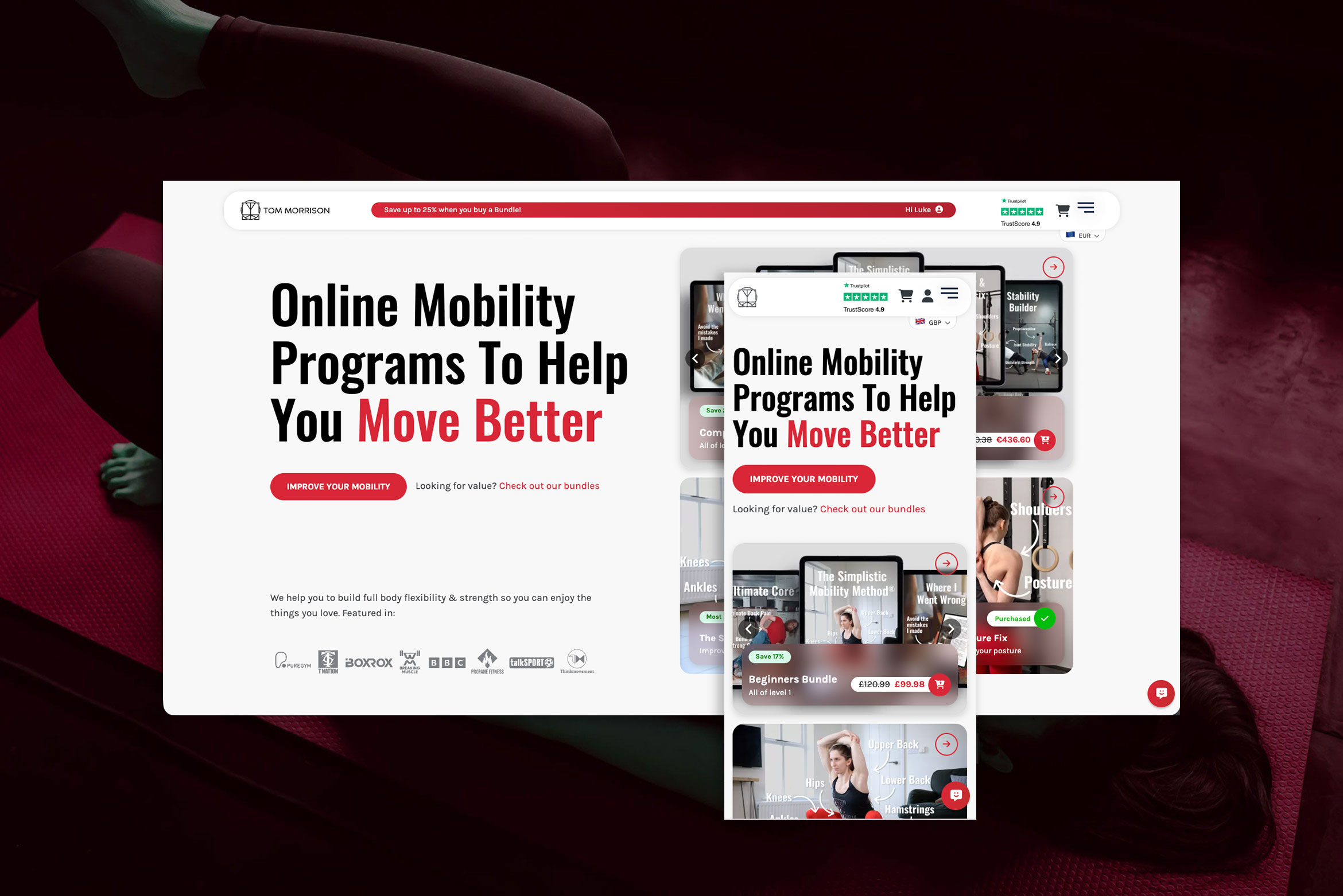 The Tom Morrison homepage, promoting the Simplistic Mobility Method