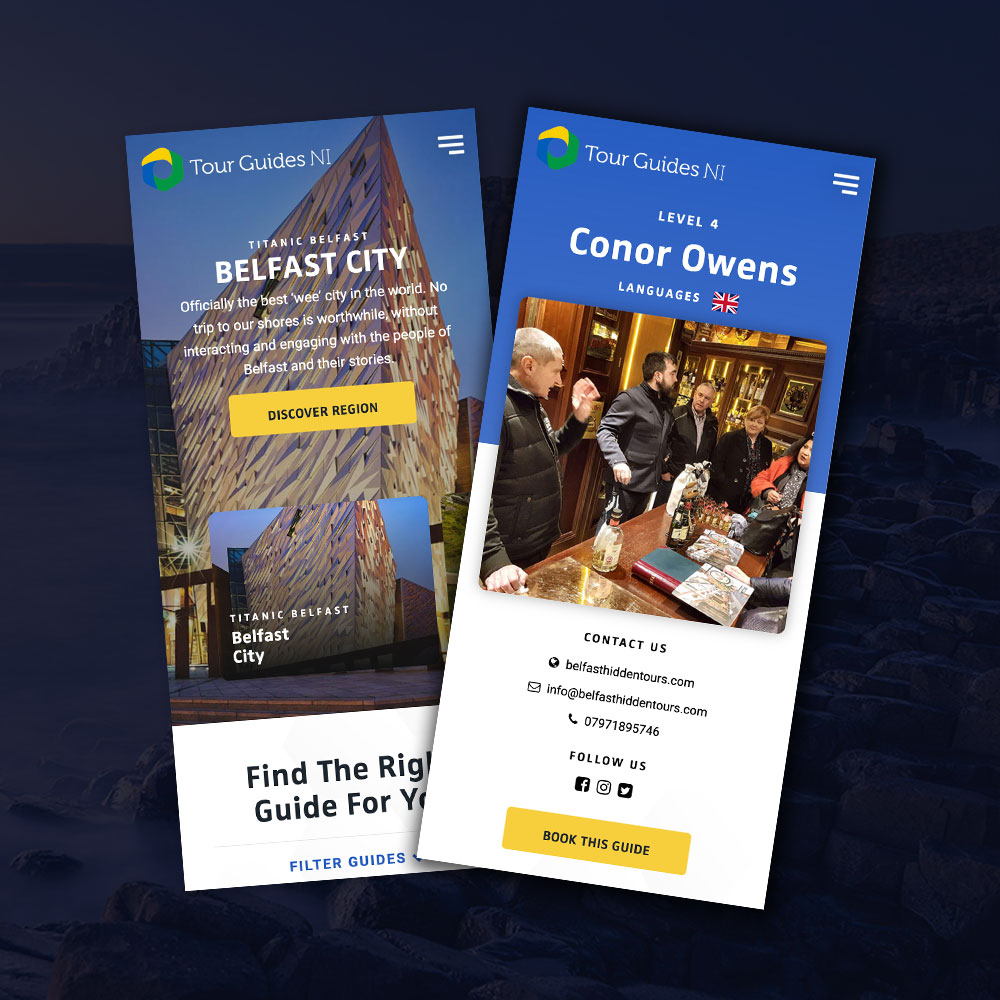 The Tour Guides NI Belfast city page beside a guide’s profile